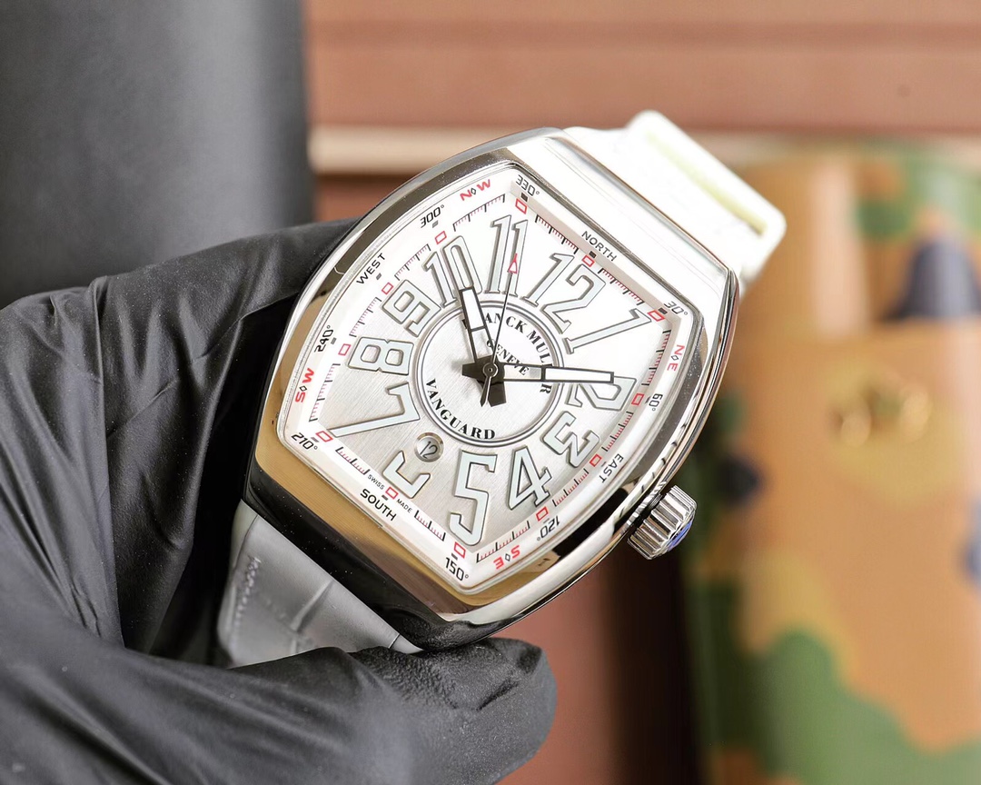 Franck Muller Vanguard V45 SC DT caja plateada, esfera blanca, correa blanca 54 mm Automático para hombre