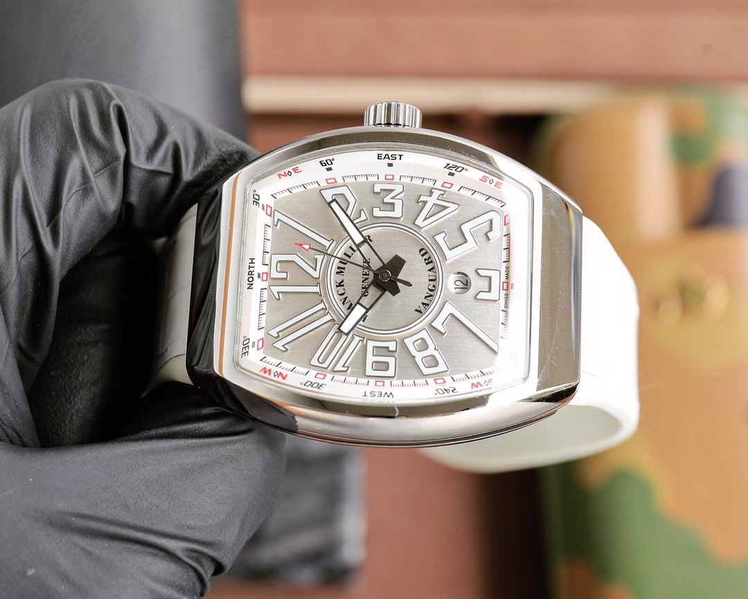 Franck Muller Vanguard V45 SC DT caja plateada, esfera blanca, correa blanca 54 mm Automático para hombre