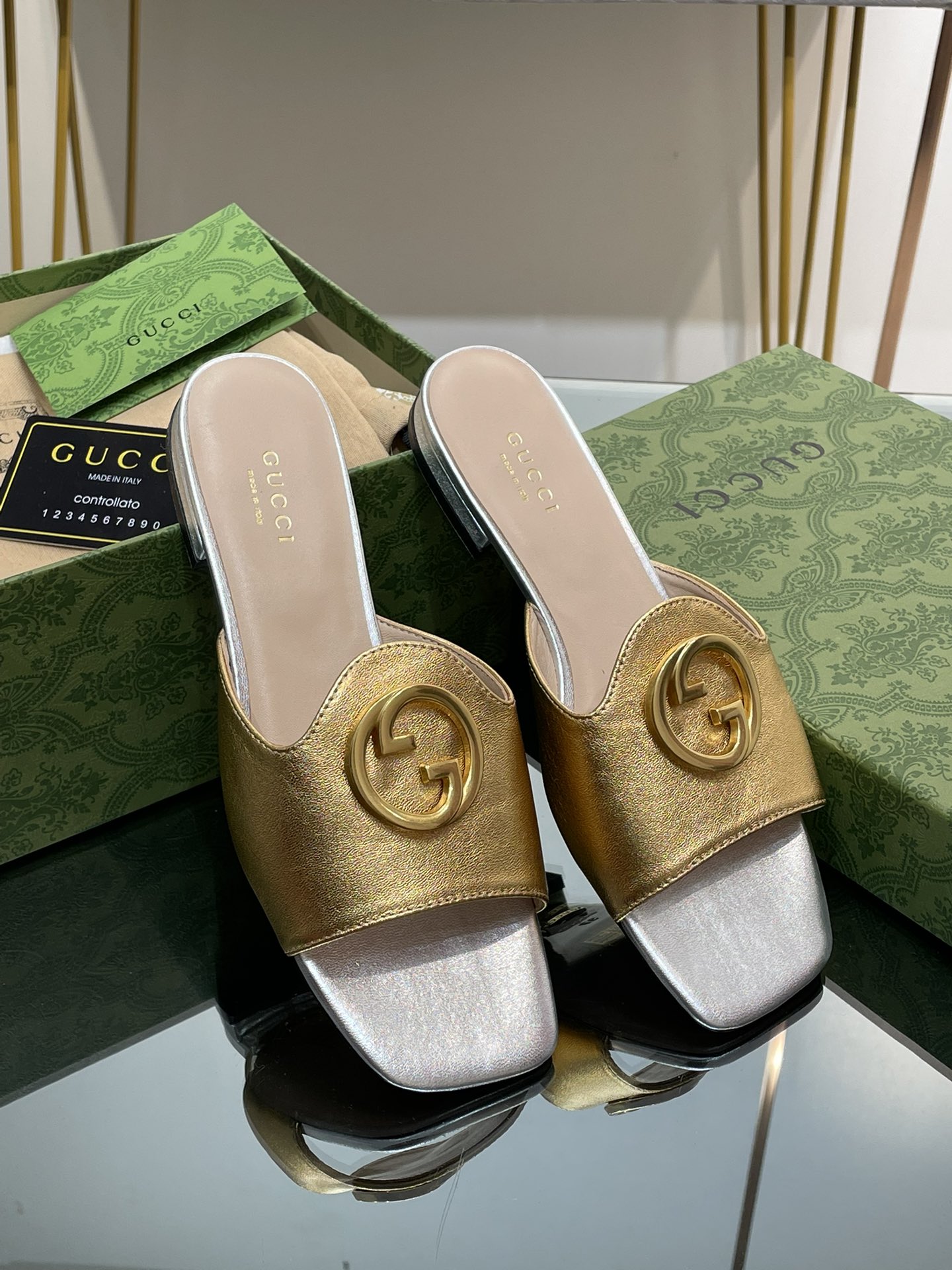 Gucci Shoes Slippers Green Genuine Leather Sheepskin Vintage