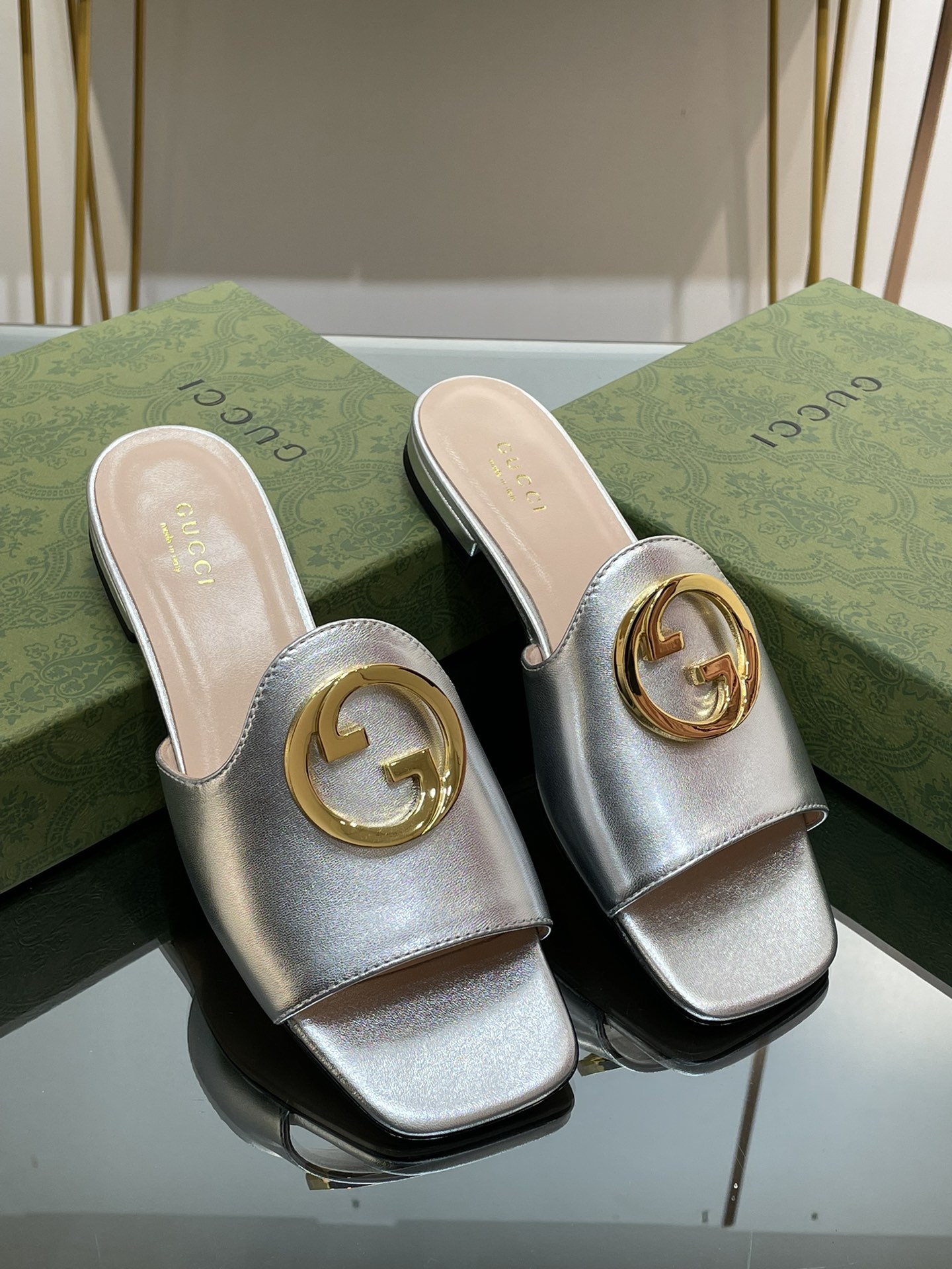 Counter Quality
 Gucci Shoes Slippers Green 925 Silver Genuine Leather Sheepskin Vintage