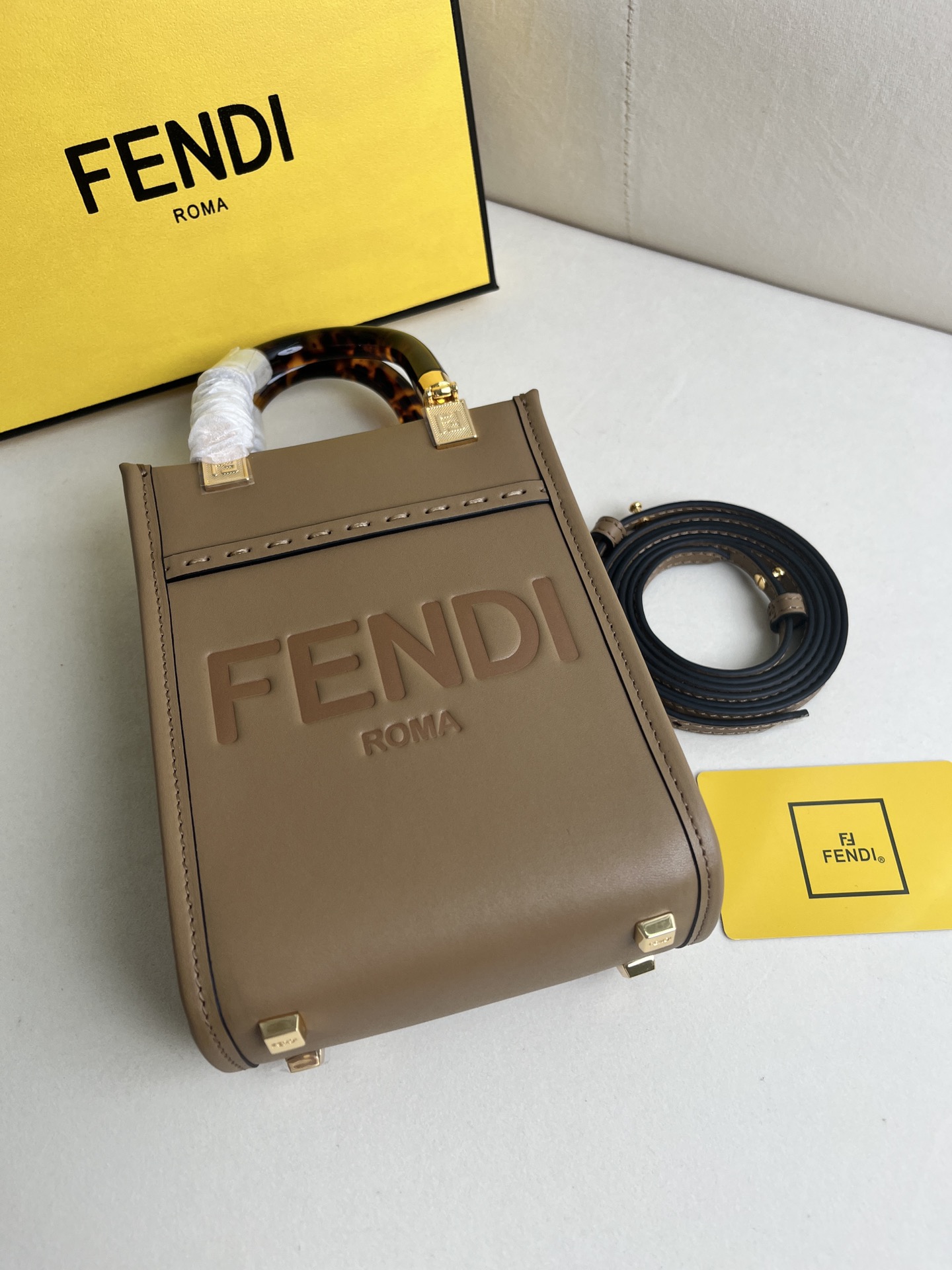 Fendi Sunshine Mini Tote Bag Brown Leather Handbag With Tortoiseshell Handles 1 i1681288877 9790 0