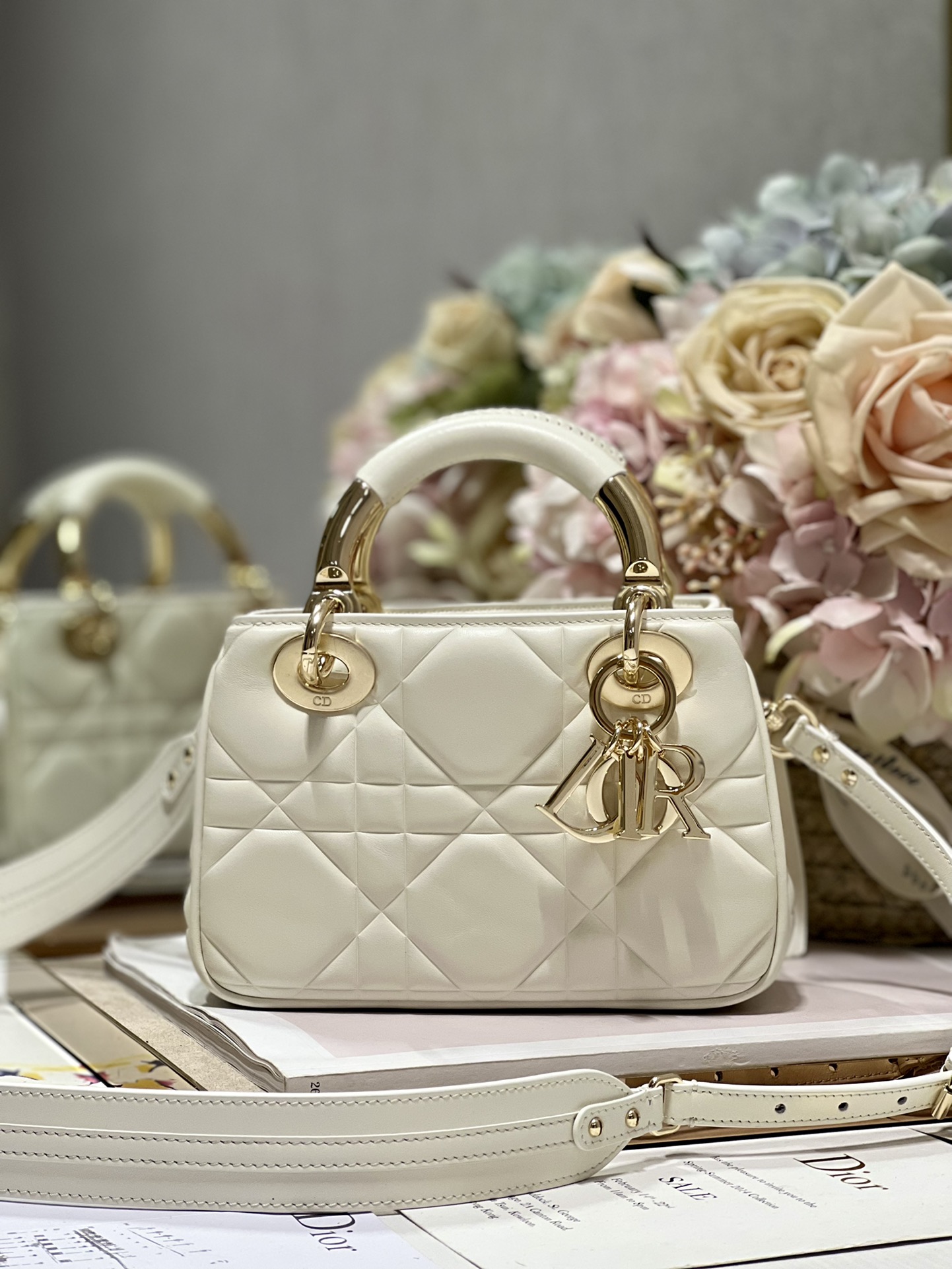 Dior Lady Handbags Crossbody & Shoulder Bags Gold White Hardware Cowhide Mini