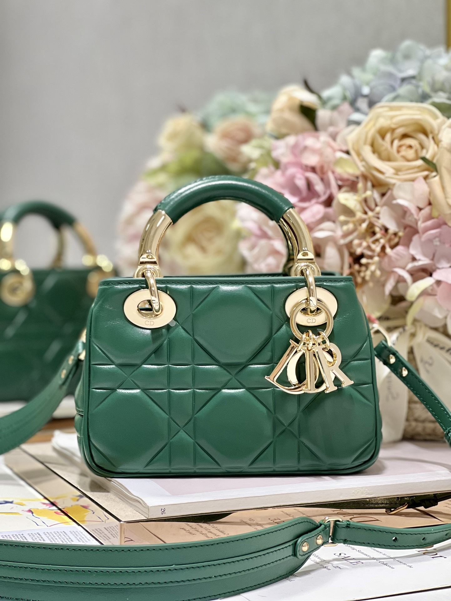 Dior Lady Handbags Crossbody & Shoulder Bags Gold Green Hardware Cowhide Mini