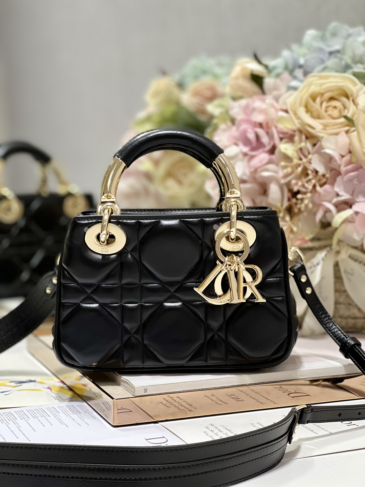 Dior Lady Handbags Crossbody & Shoulder Bags Black Gold Hardware Cowhide Mini