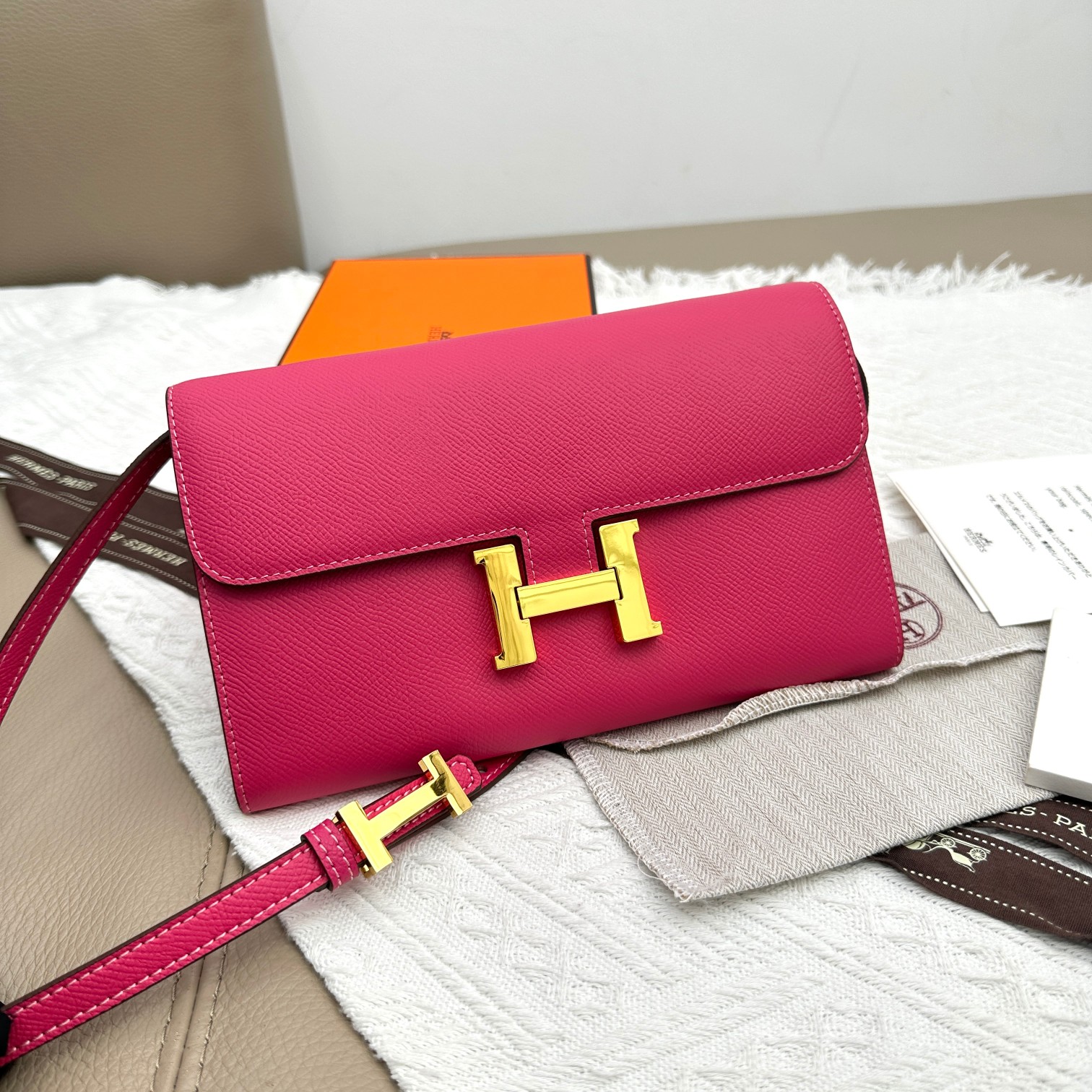 Hermes Constance Inspired Wallet Crossbody Bag with Gold Hardware - Pink