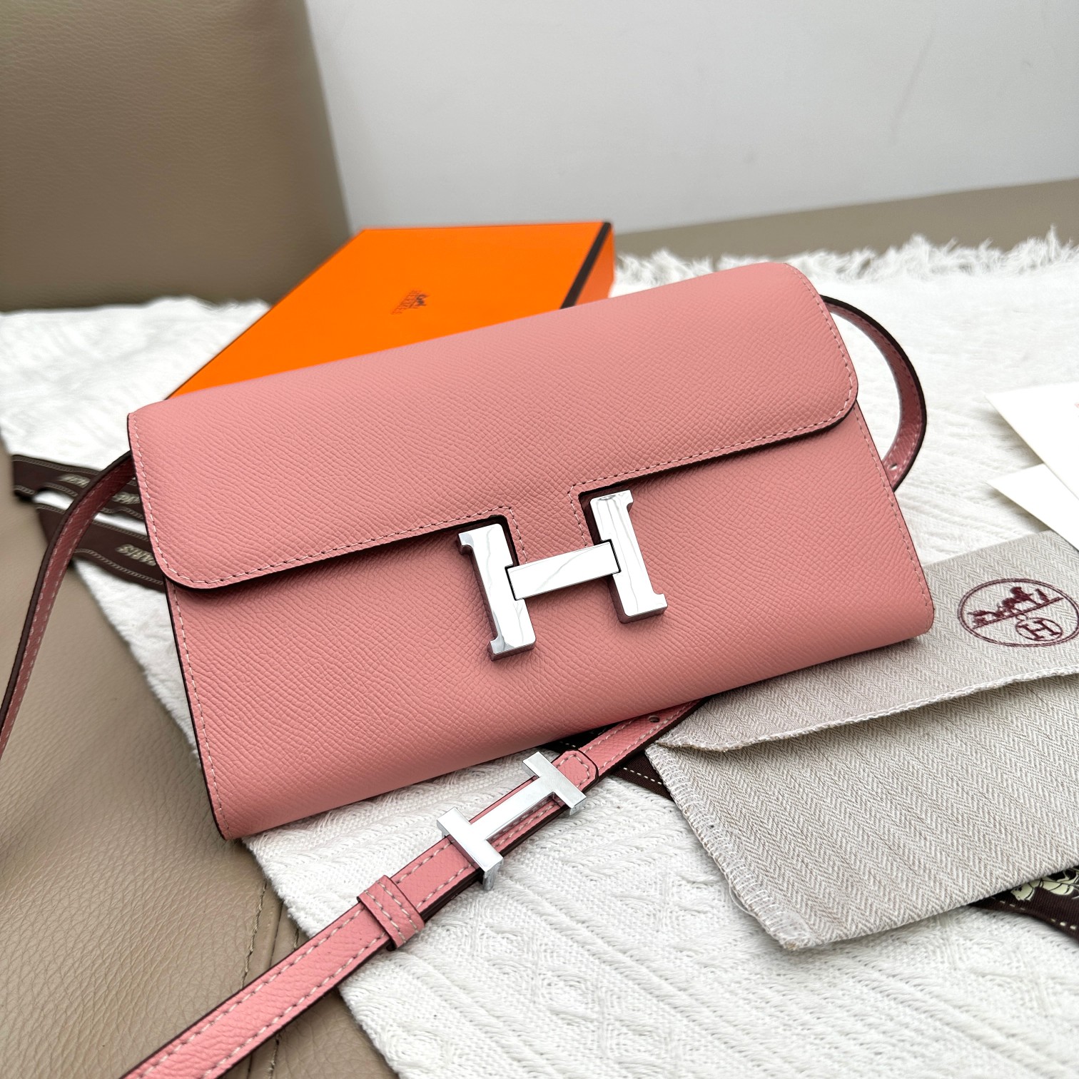 Hermes Constance Inspired Crossbody Bag - Pink Leather with Silver Hardware 2 a1681373184214 5764
