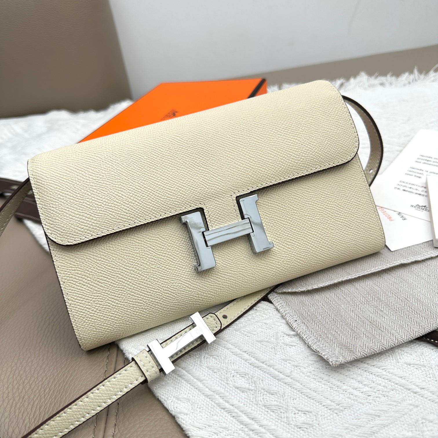 Hermes Constance Wallet Crossbody Bag in Ivory Leather with Silver Hardware