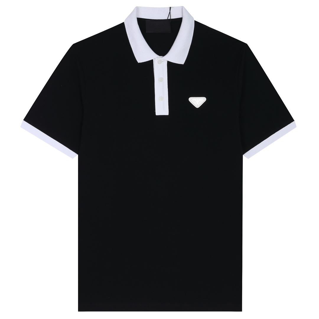 PRAD Prada*2023SS primavera/verano polo con cuello nuevo, triángulo personalizado en el pecho, diseño de contraste blan…