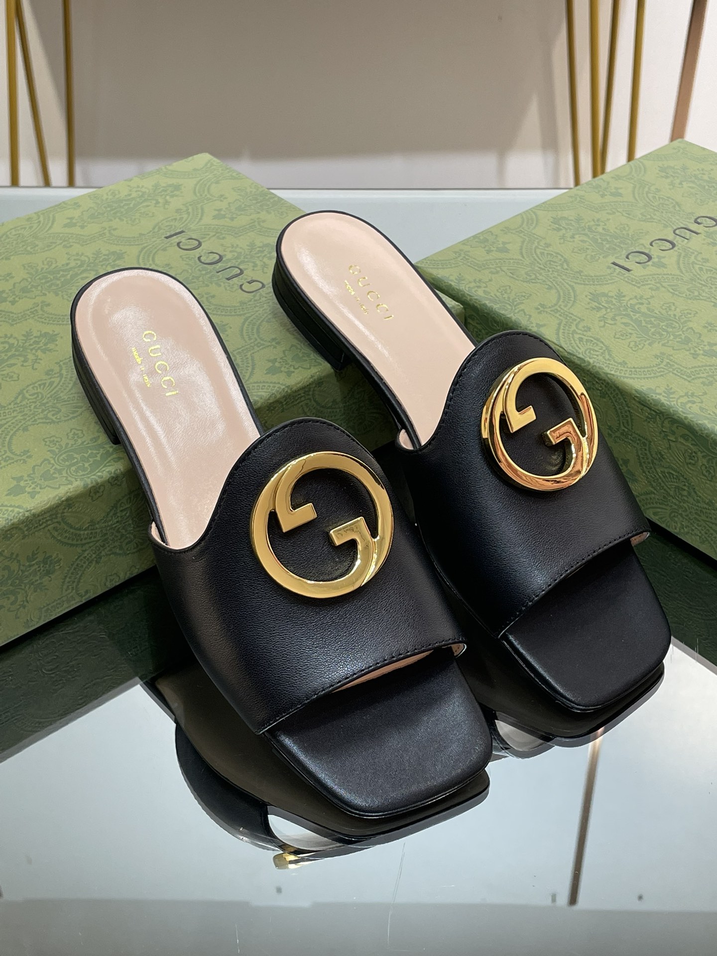 Gucci Shoes Slippers Green Genuine Leather Sheepskin Vintage