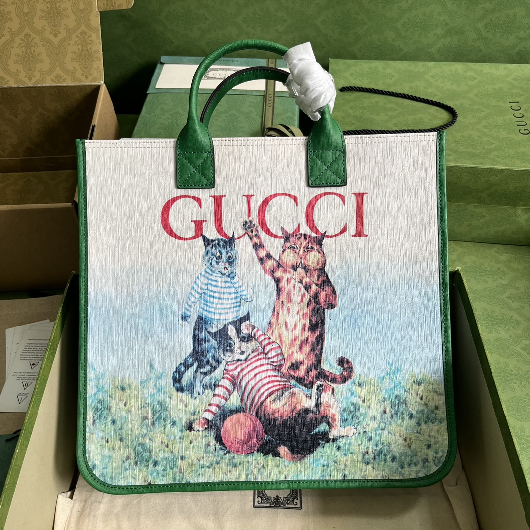 Gucci Kids Tote Bag Supreme Canvas Cat Print Green Trim