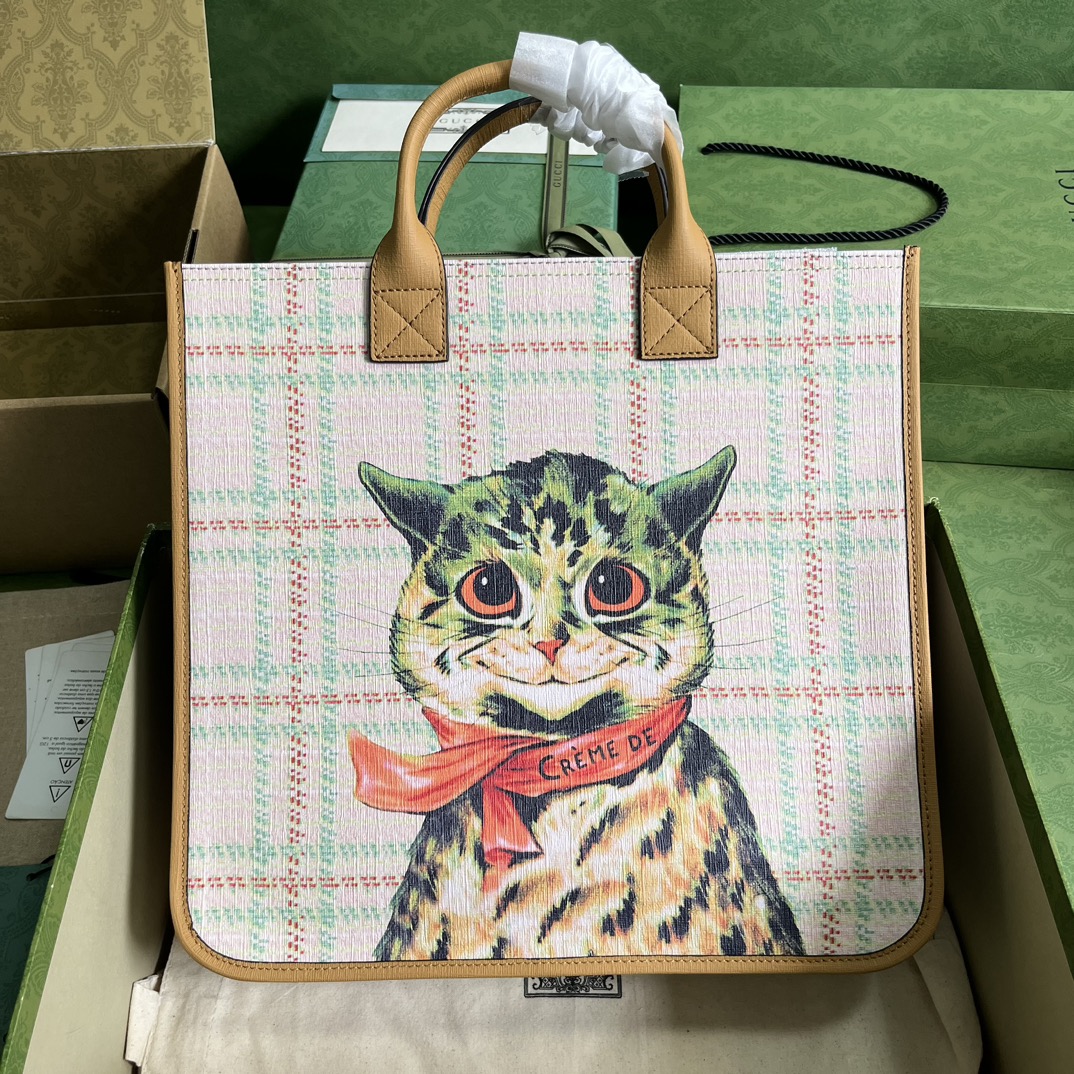 Gucci Kids Tote Bag Supreme Canvas Playful Cat Print Brown Trim