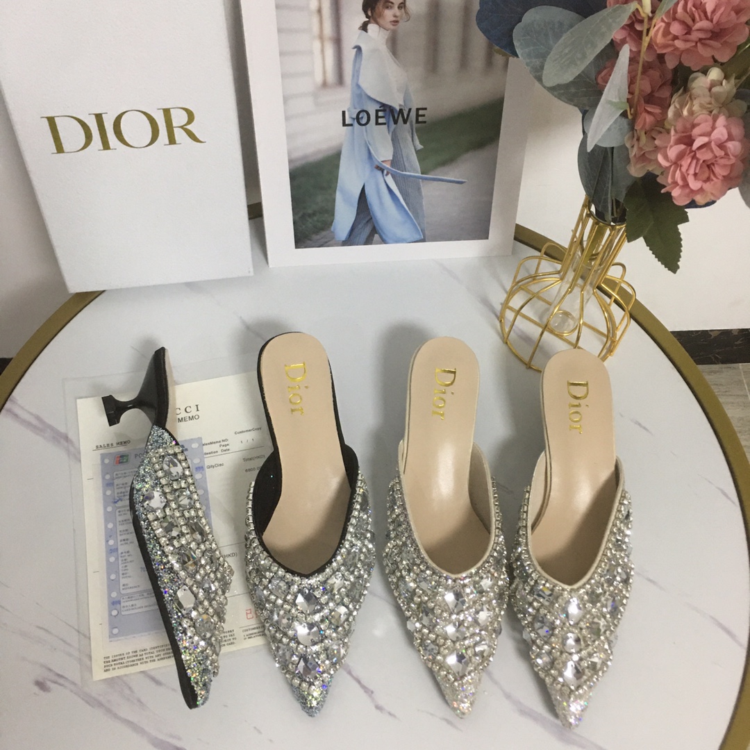 Dior Shoes Half Slippers Apricot Color Black Sheepskin Fashion