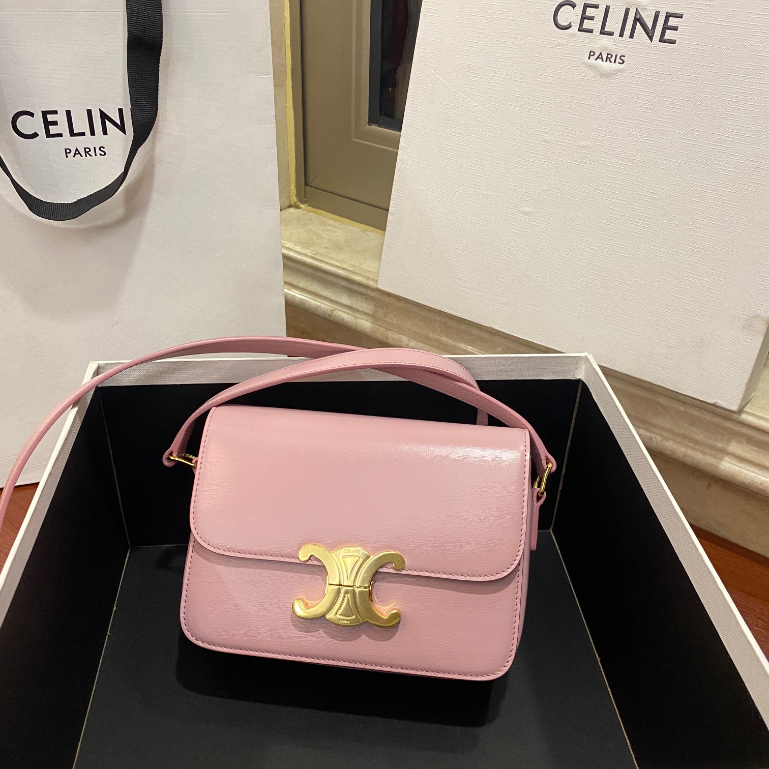 Celine Teen Triomphe Bag, Iconic Design, Adjustable Strap, Pink Leather 1 a1681454792666 0377