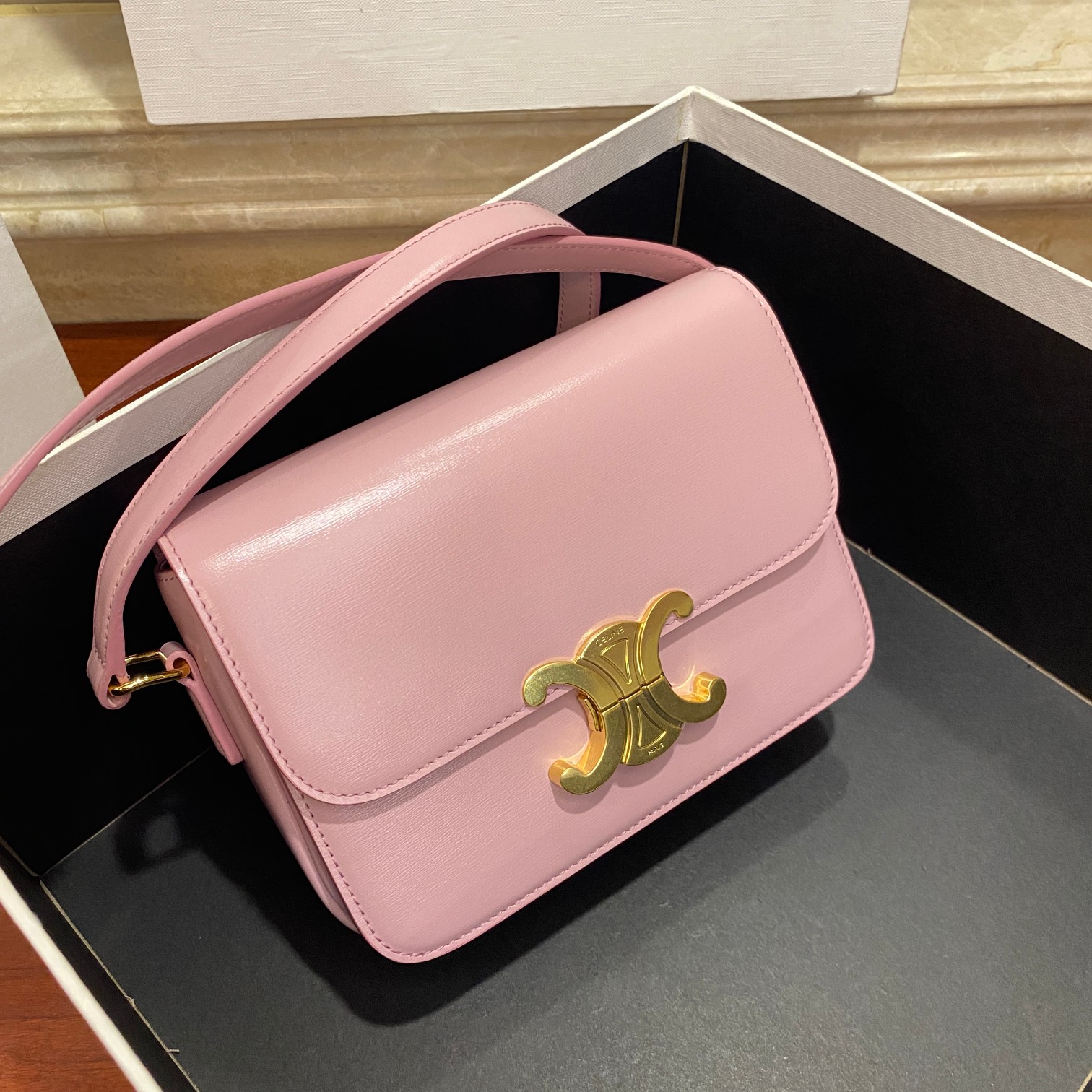 Celine Teen Triomphe Bag, Iconic Design, Adjustable Strap, Pink Leather 2 a1681454792834 5605
