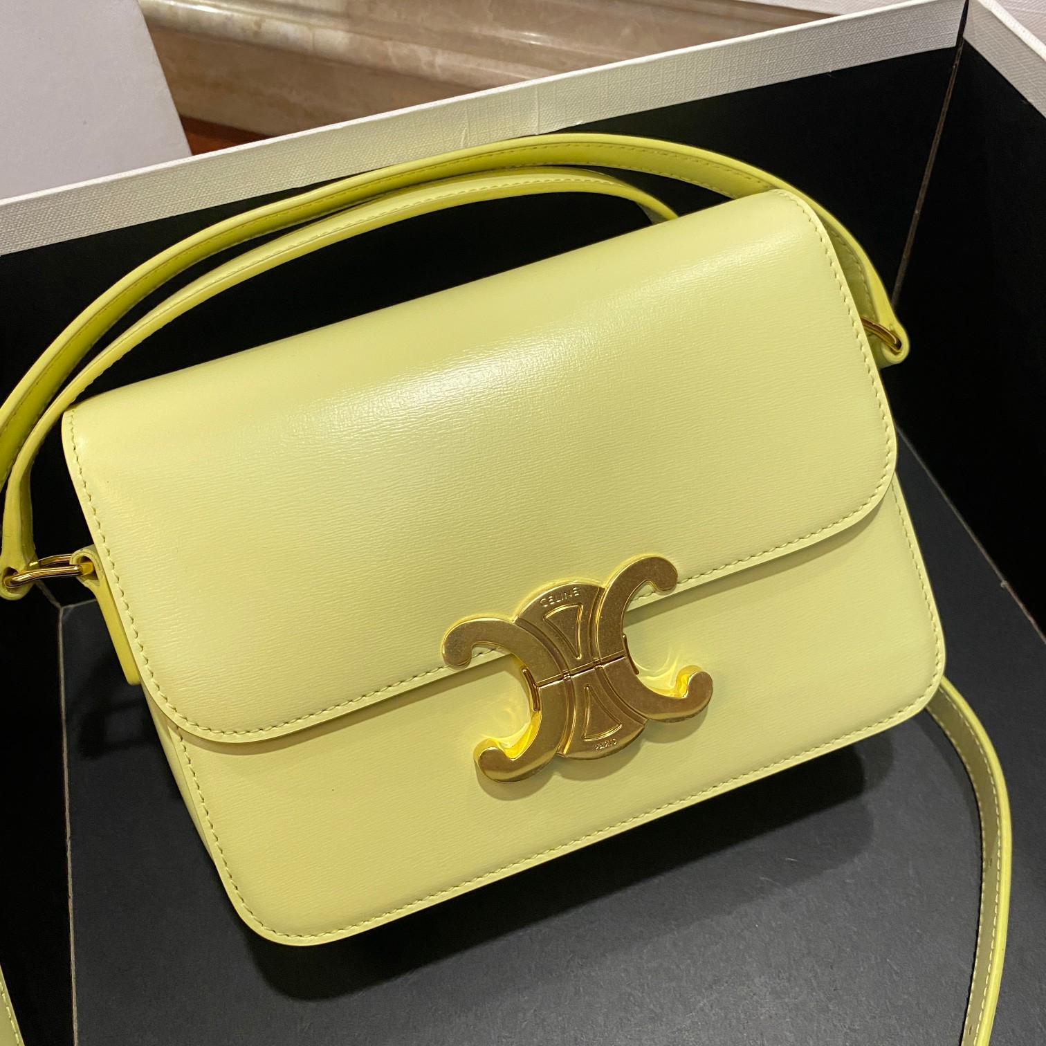 Celine Teen Triomphe Bag - Crossbody Purse in Yellow Leather with Gold Hardware 2 a1681455758491 5742
