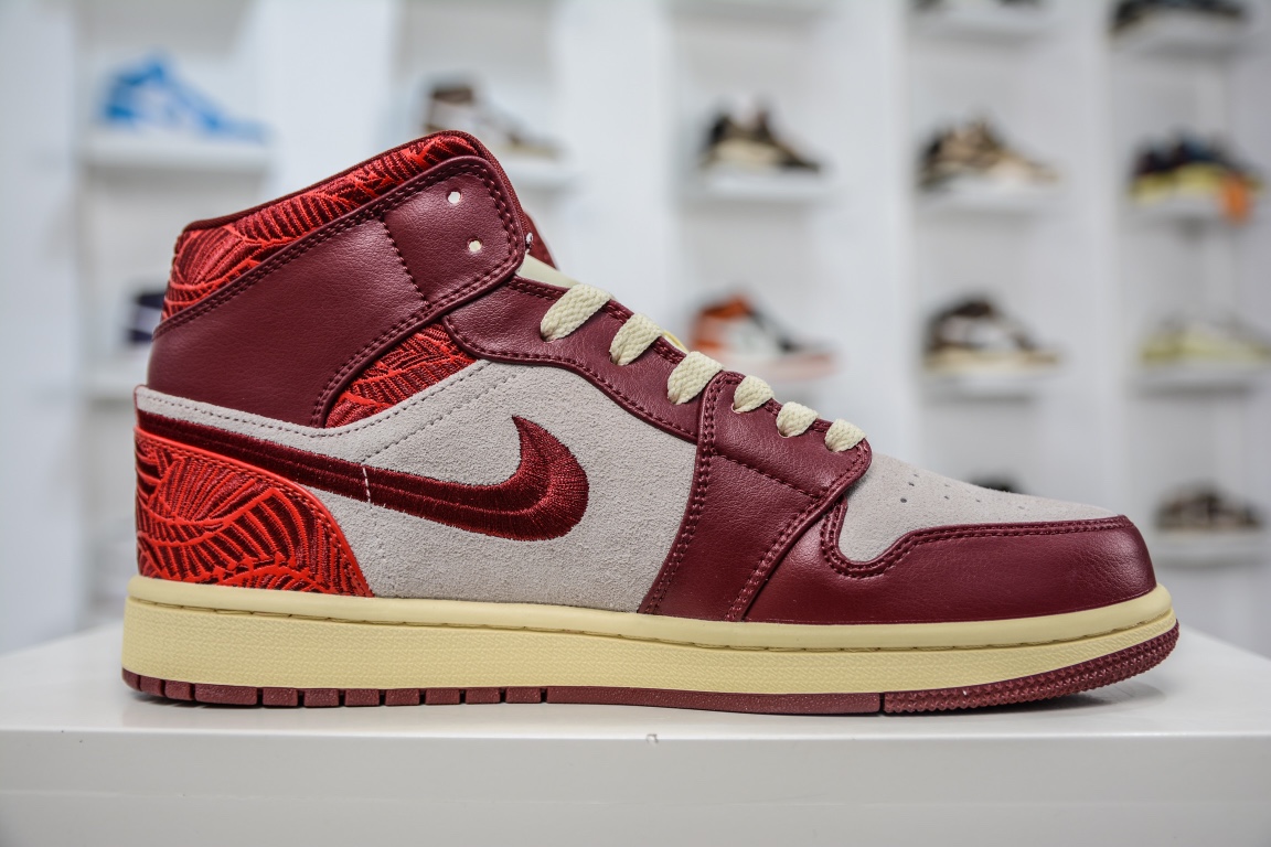 240 原装Air Jordan AJ1 Mid 中帮 刺绣红花卉 DZ2820-601