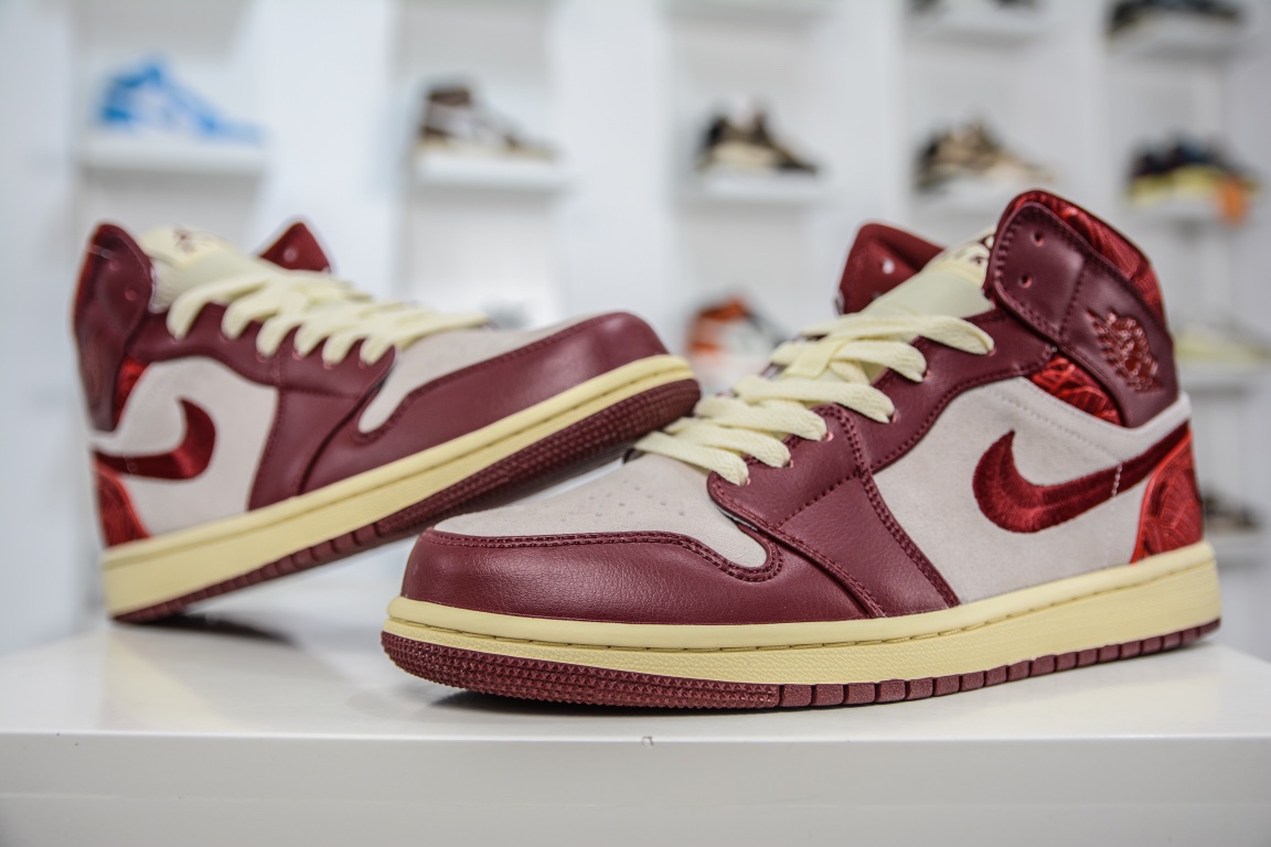 240 原装Air Jordan AJ1 Mid 中帮 刺绣红花卉 DZ2820-601
