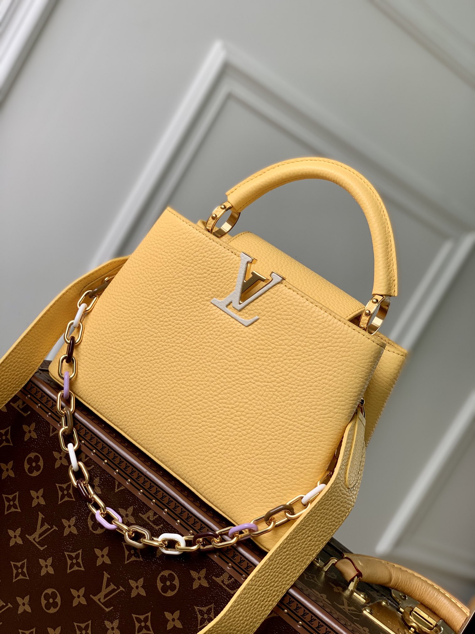 Louis Vuitton LV Capucines Bags Handbags Yellow Gold Hardware Taurillon Resin Chains M21798