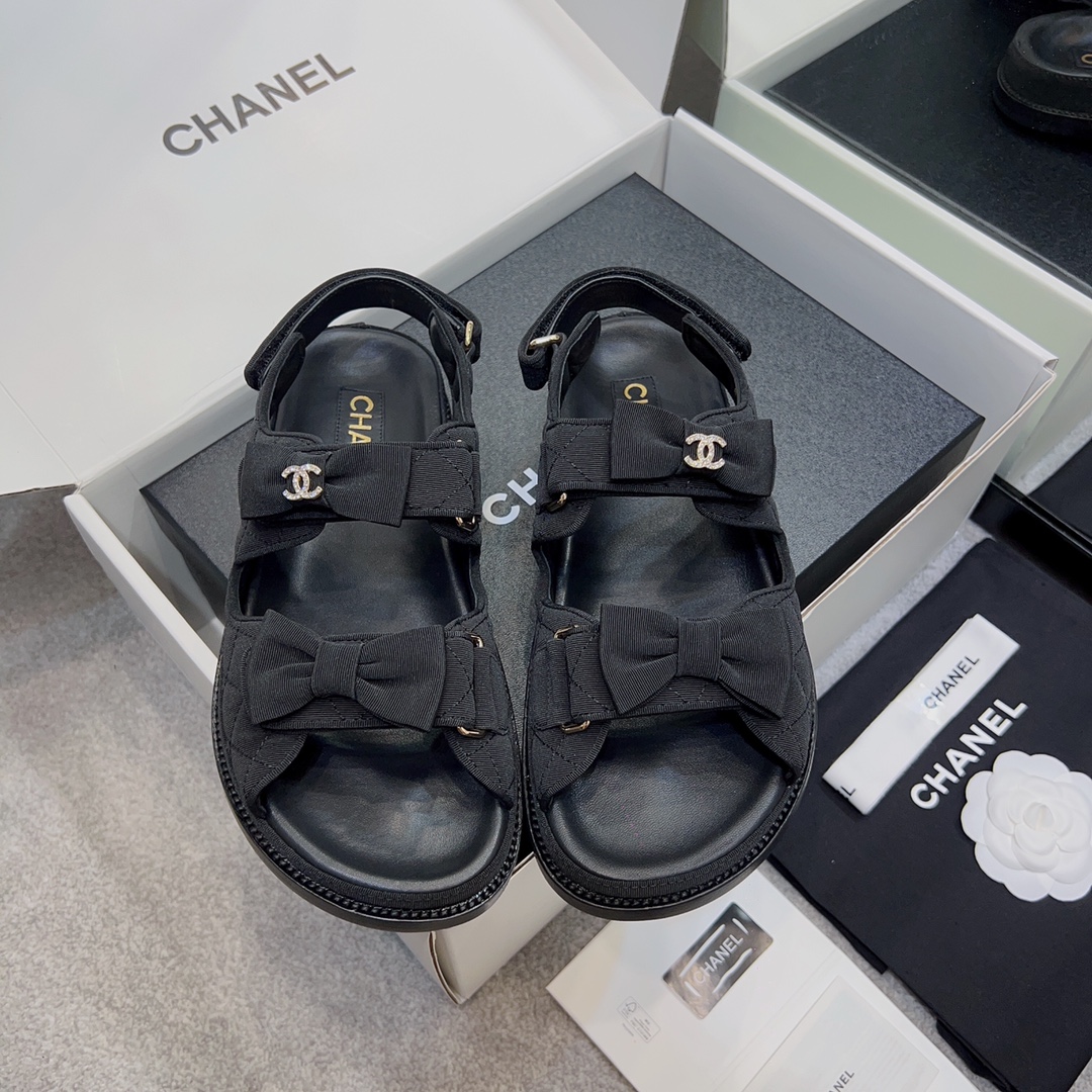 Chanel Shoes Sandals Black Gold Hardware Genuine Leather Sheepskin Beach