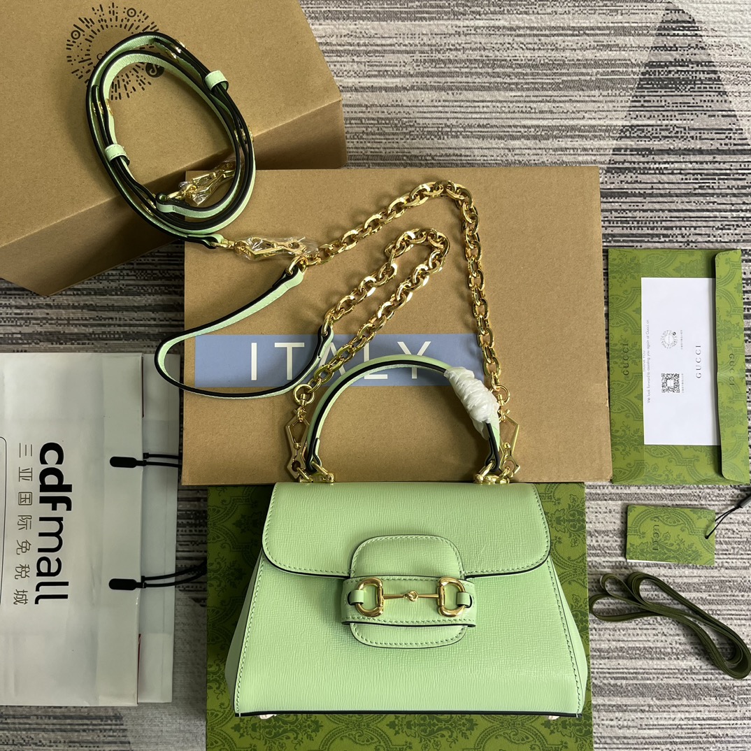 GUCCI 1955 迷你肩背包 薄荷綠 PVC 織帶 馬銜扣