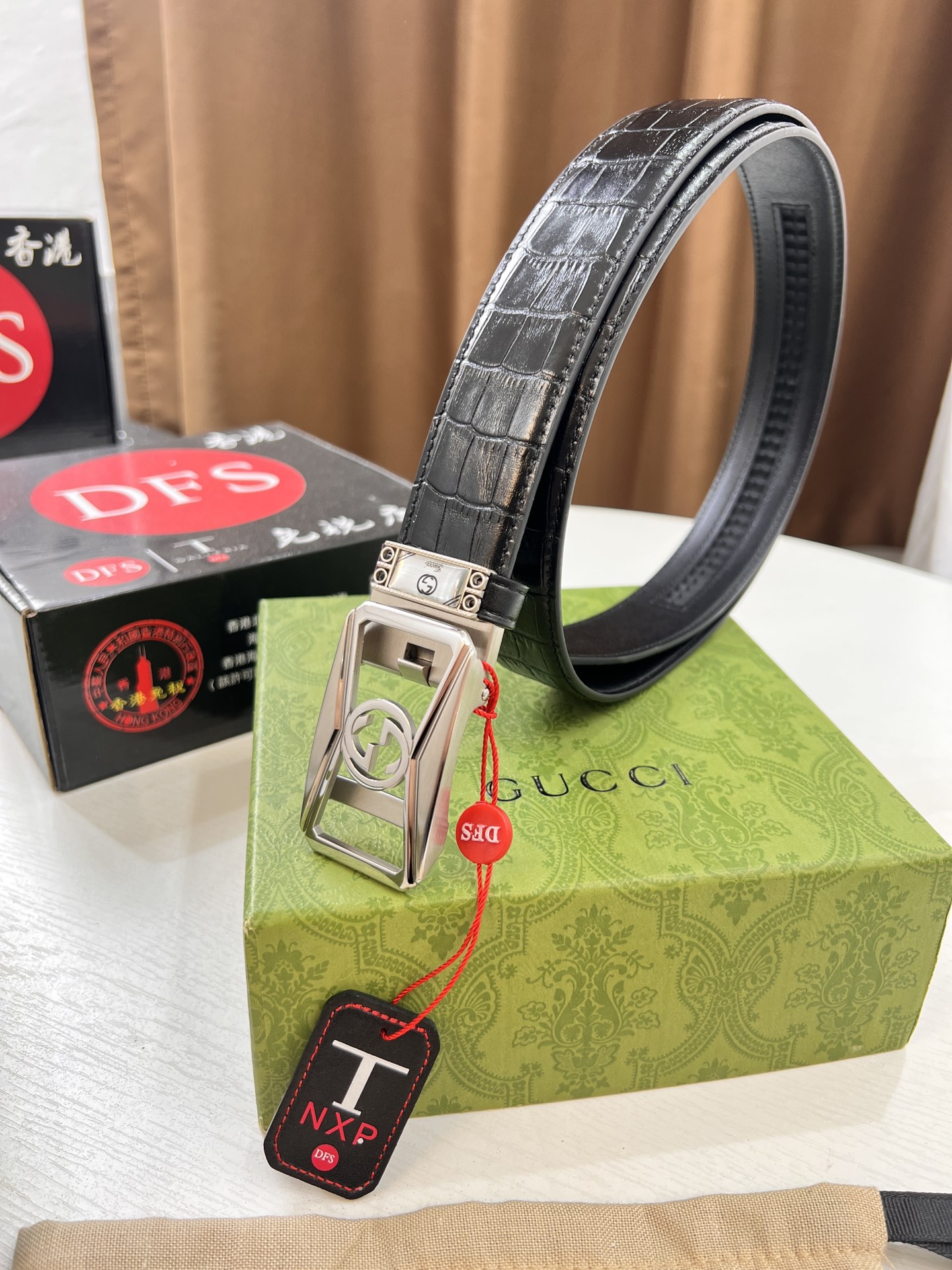 古奇GUCCi自动扣皮带 2026年最新款 GG鳄鱼纹头层牛皮