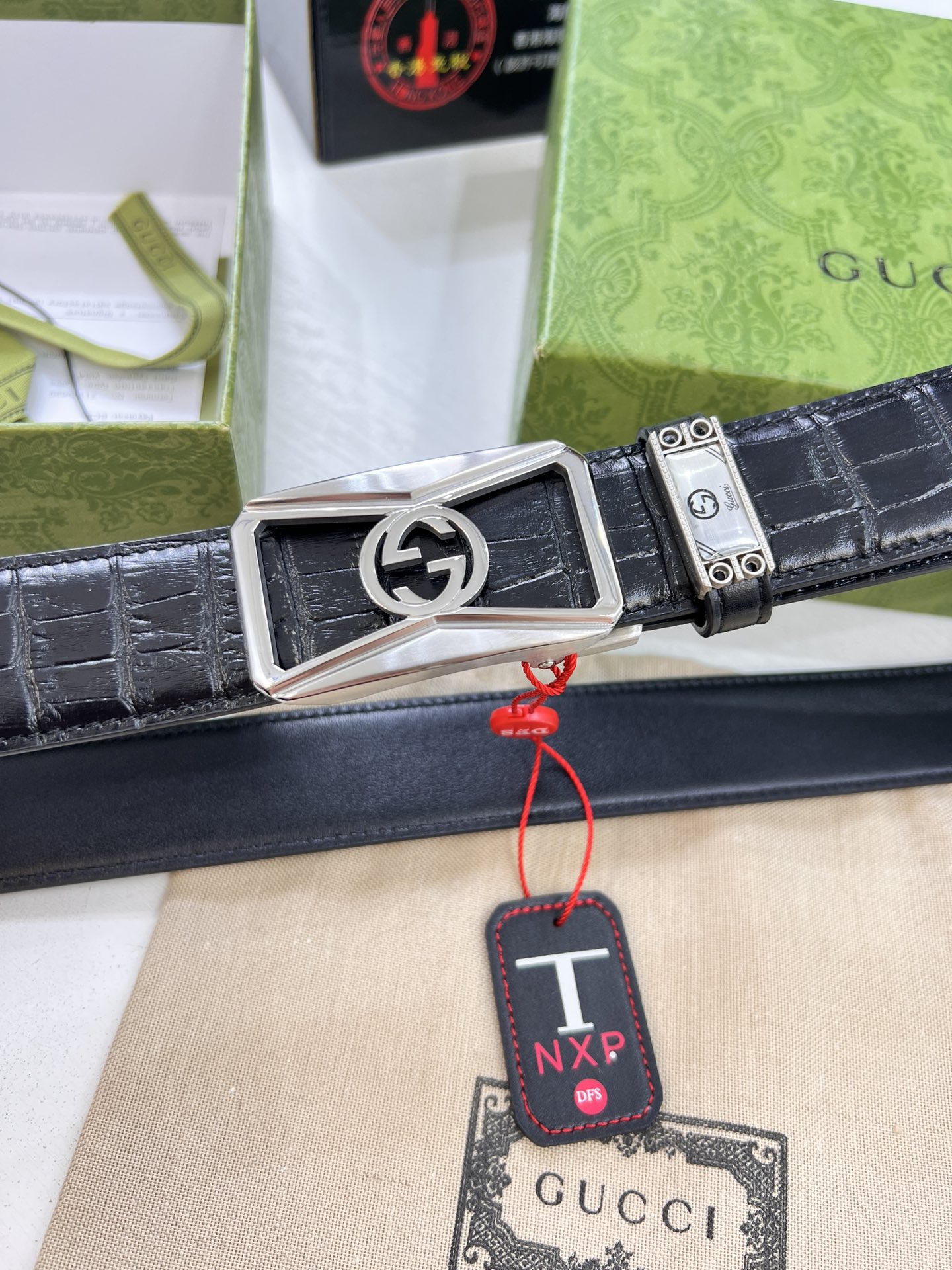 古奇GUCCi自动扣皮带 2026年最新款 GG鳄鱼纹头层牛皮