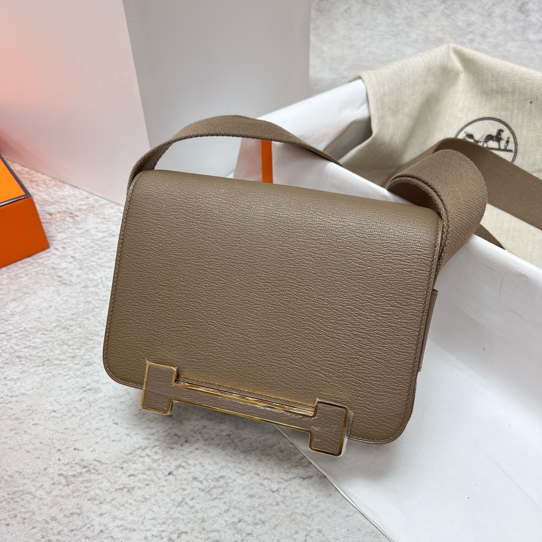 Hermès Hermes Geta 20cm chevre goatskin ck18 elephant gray Etoupe gold buckle