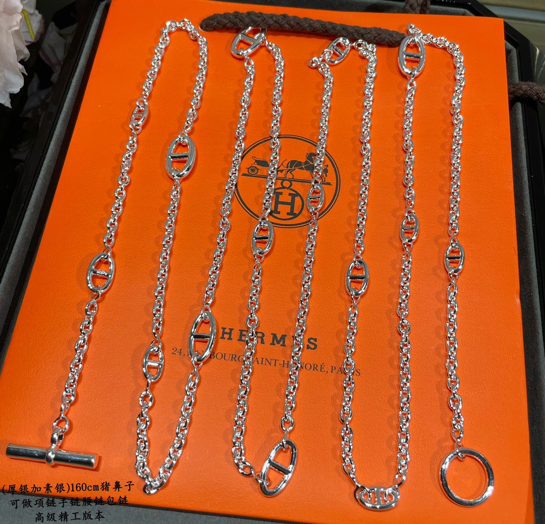 Colar Hermes Chaine d Ancre Farandole metal prateado sem pedras preciosas 160 cm