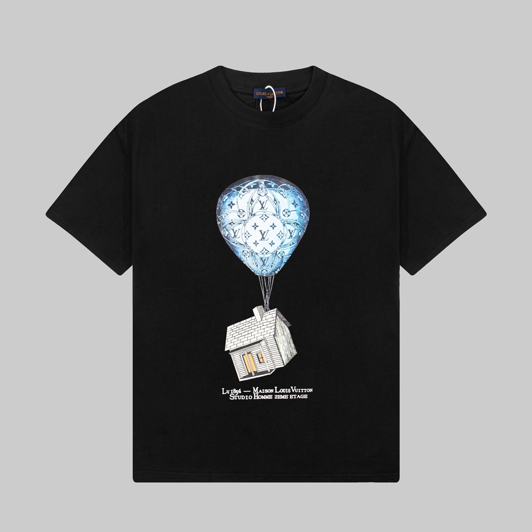P75 LOUIS VUITTON Camiseta de manga corta con estampado de casa de globo aerostático Louis Vuitton 23ss. Tejido teñido …