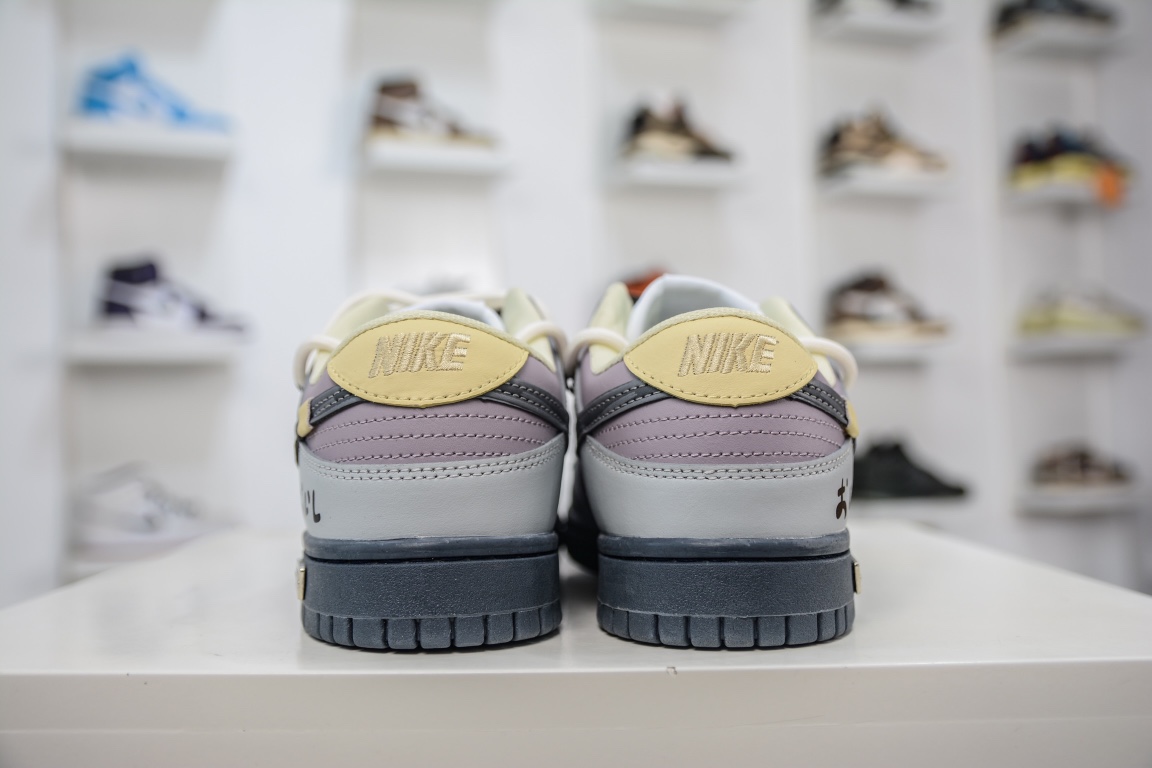 200 性价比绑绳Off-White解构风定制 Nike SB Dunk Low Lot”Cement Ash/Taro Purple”扣篮板鞋“水泥灰香紫涂鸦绑绳”DD1503-017