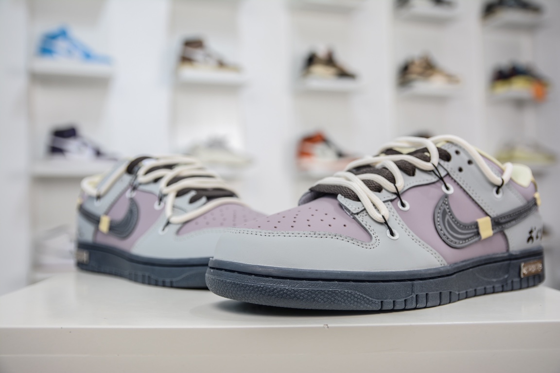 200 性价比绑绳Off-White解构风定制 Nike SB Dunk Low Lot”Cement Ash/Taro Purple”扣篮板鞋“水泥灰香紫涂鸦绑绳”DD1503-017