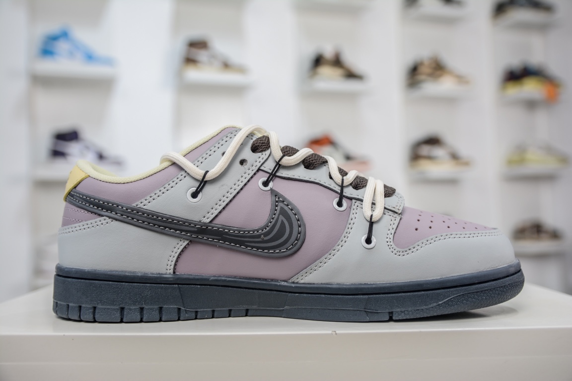 200 性价比绑绳Off-White解构风定制 Nike SB Dunk Low Lot”Cement Ash/Taro Purple”扣篮板鞋“水泥灰香紫涂鸦绑绳”DD1503-017