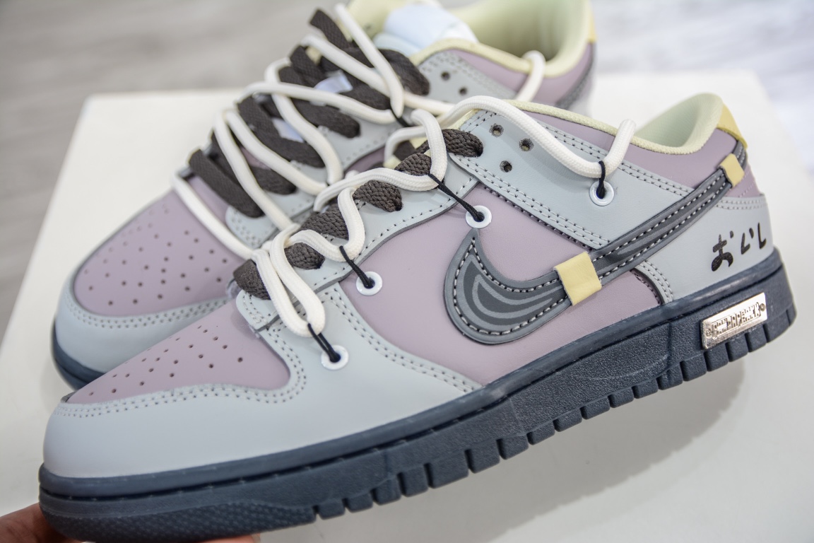 200 性价比绑绳Off-White解构风定制 Nike SB Dunk Low Lot”Cement Ash/Taro Purple”扣篮板鞋“水泥灰香紫涂鸦绑绳”DD1503-017