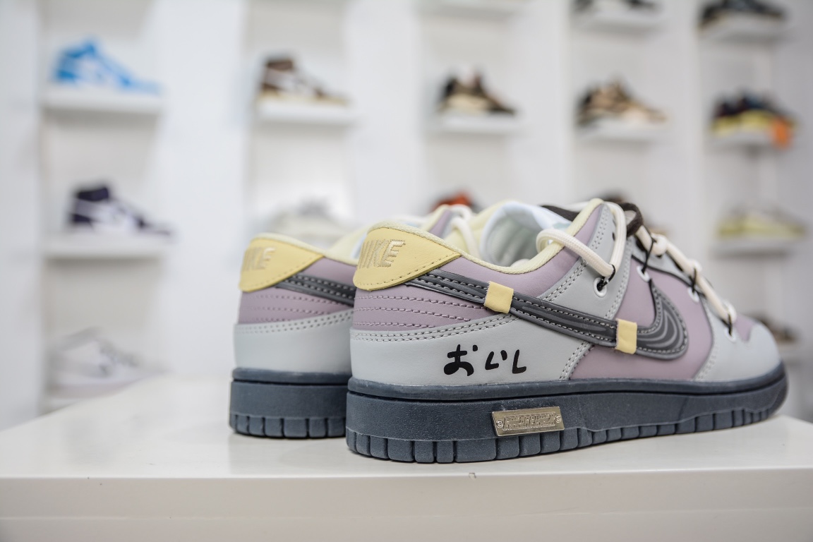 200 性价比绑绳Off-White解构风定制 Nike SB Dunk Low Lot”Cement Ash/Taro Purple”扣篮板鞋“水泥灰香紫涂鸦绑绳”DD1503-017