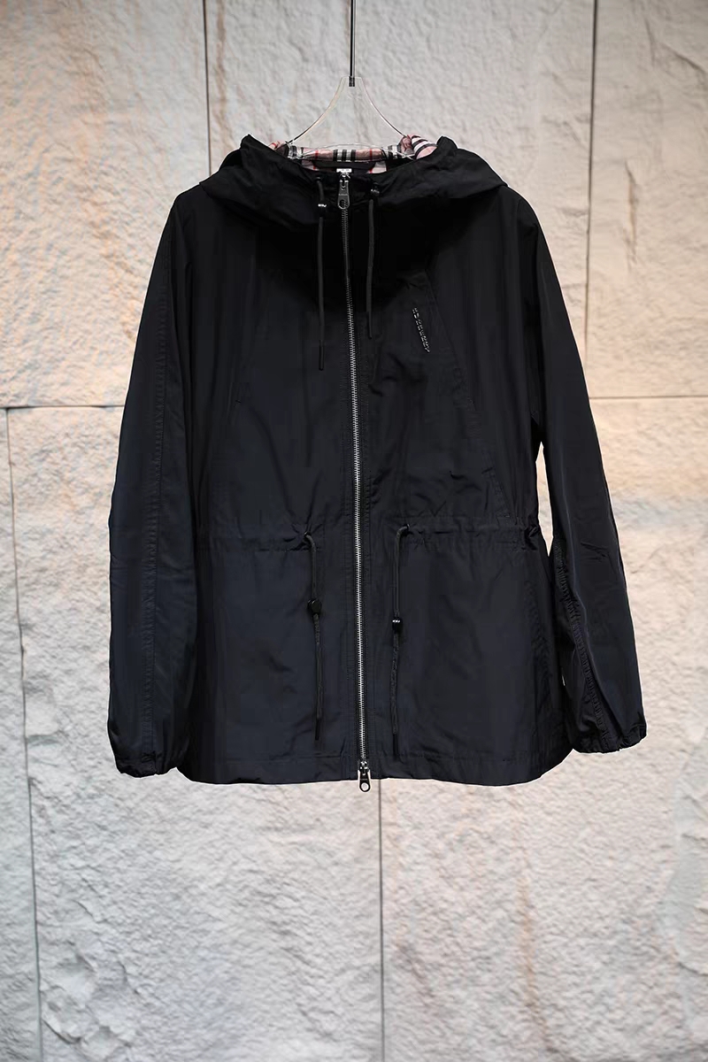 Top foreign trade Burberry women's windbreaker with waist drawstring in black and khaki.-Big cat