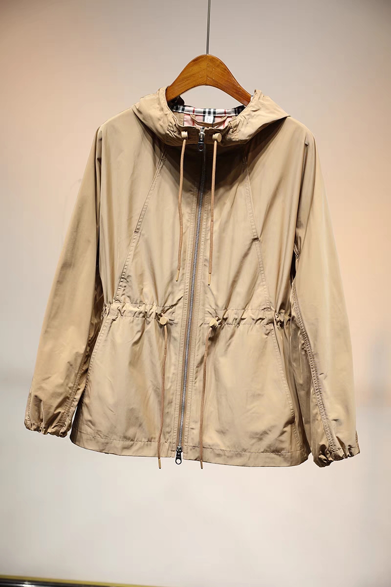 Top foreign trade Burberry women's windbreaker with waist drawstring in black and khaki.-Big cat