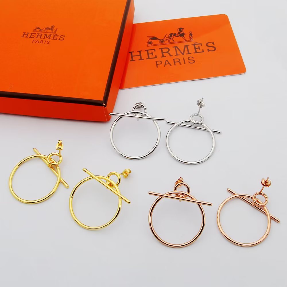 Hermès H爱马仕耳钉猪鼻子耳环 新款横杆圆圈 耳环 亚金材质耳钉三色