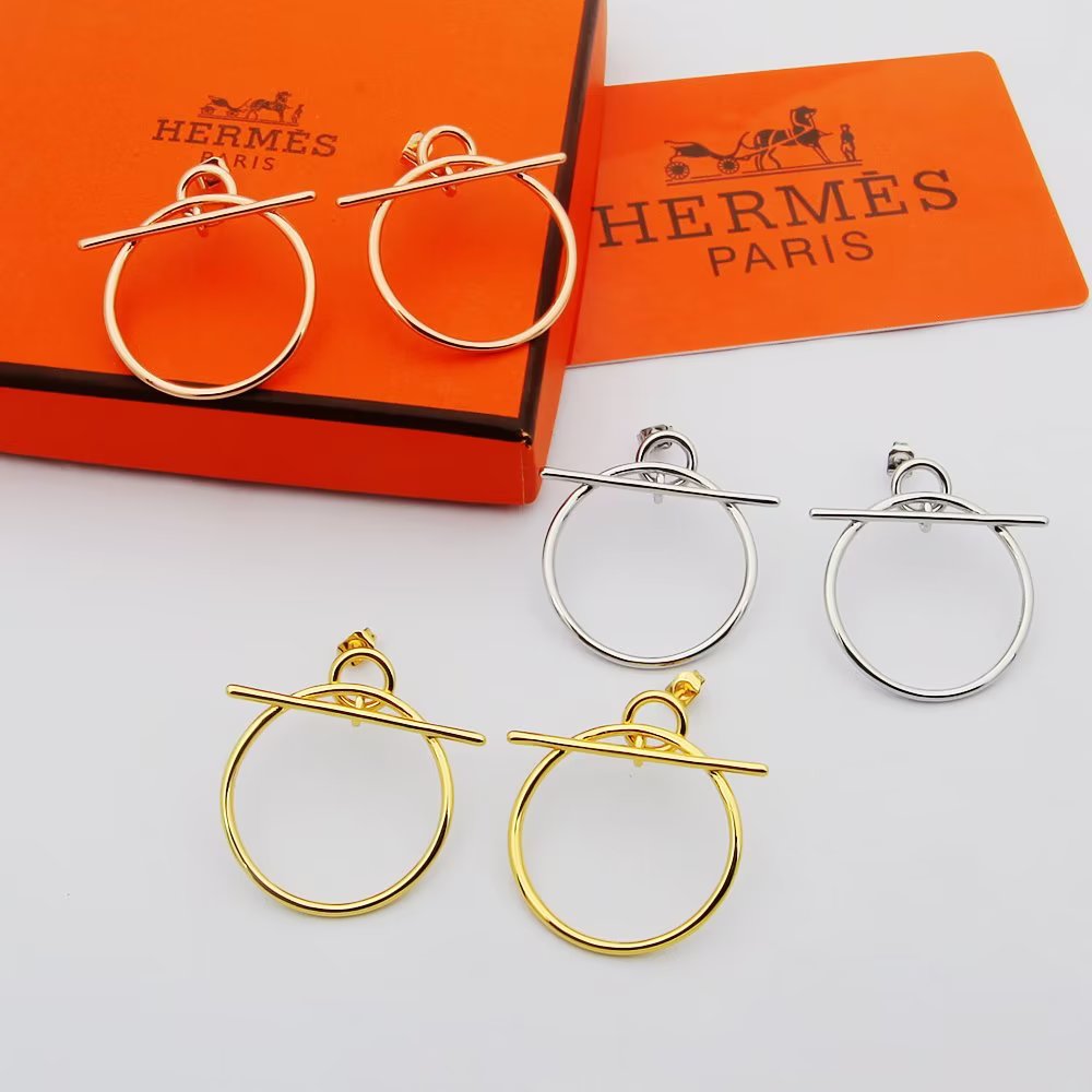 Hermès H爱马仕耳钉猪鼻子耳环 新款横杆圆圈 耳环 亚金材质耳钉三色