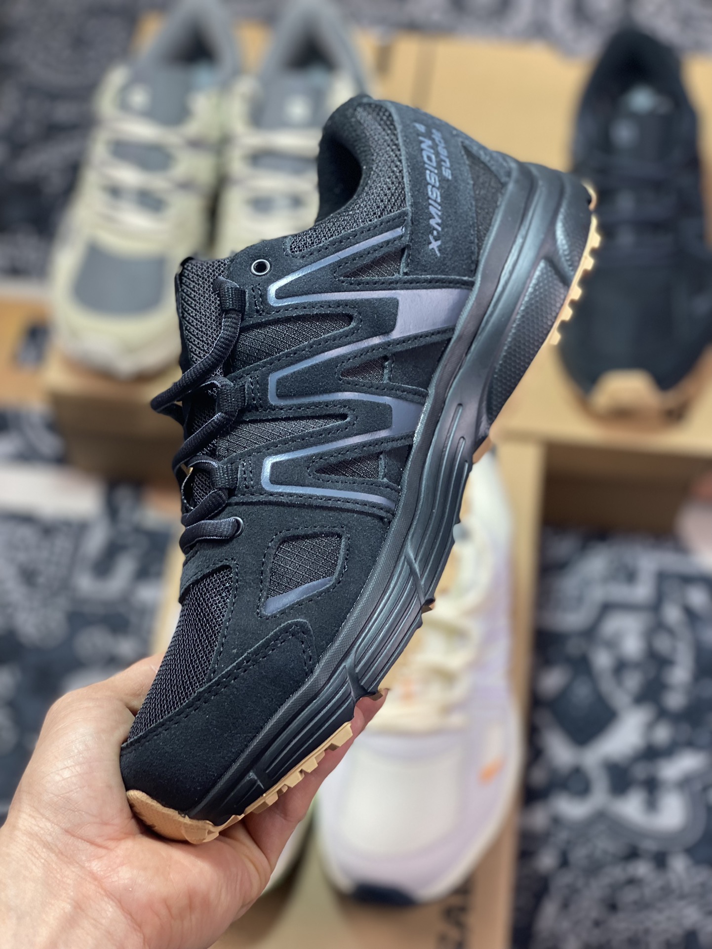 240 萨洛蒙/Salomon X-Mission 4 Suede”Black/Ebony/Gum”使命4代系列跑步鞋“黑灰生胶”416175