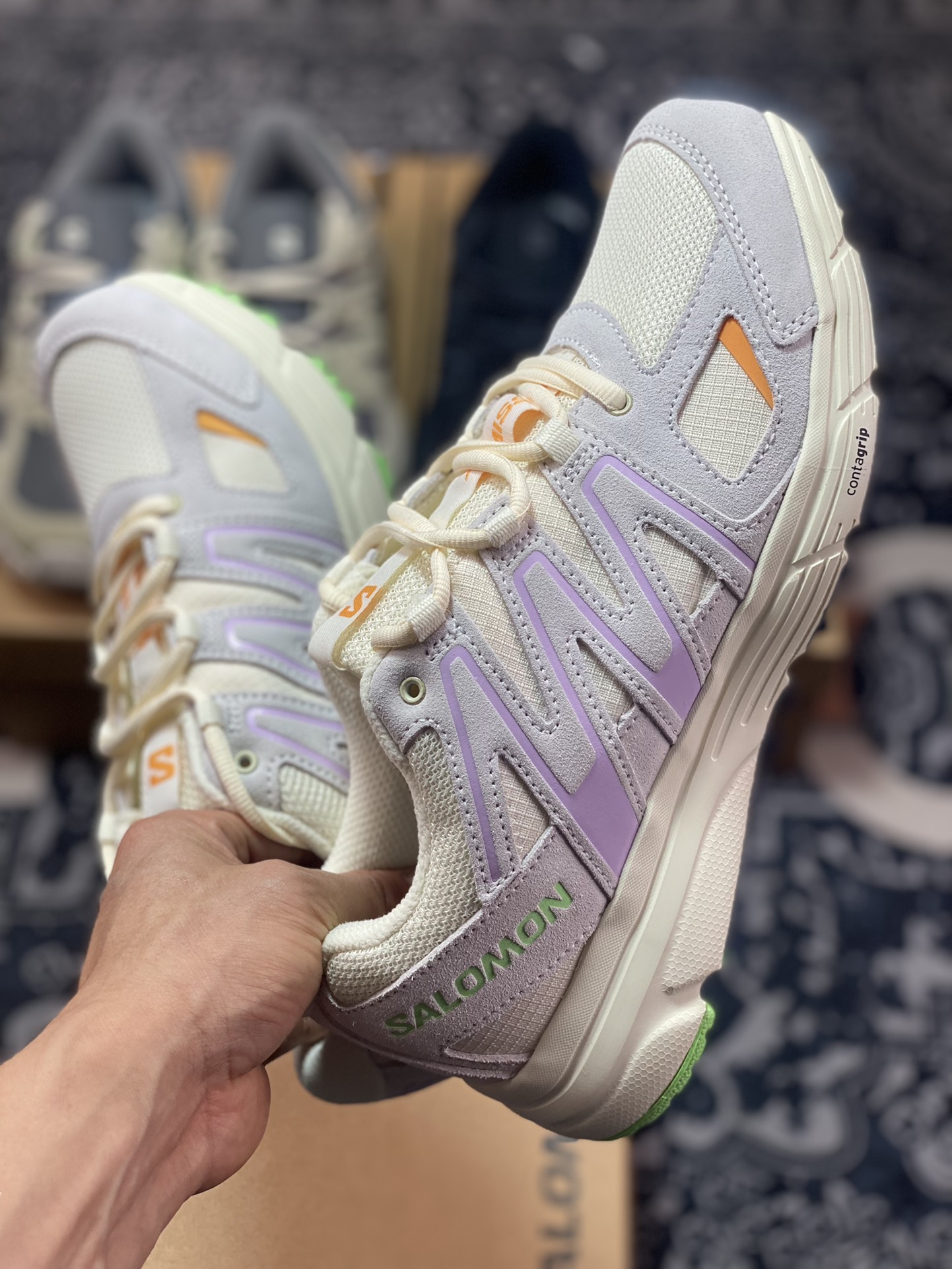 240 萨洛蒙/Salomon X-Mission 4 Suede”Milky White/Purple/Volt”使命4代系列跑步鞋“奶白浅紫橙绿”471384