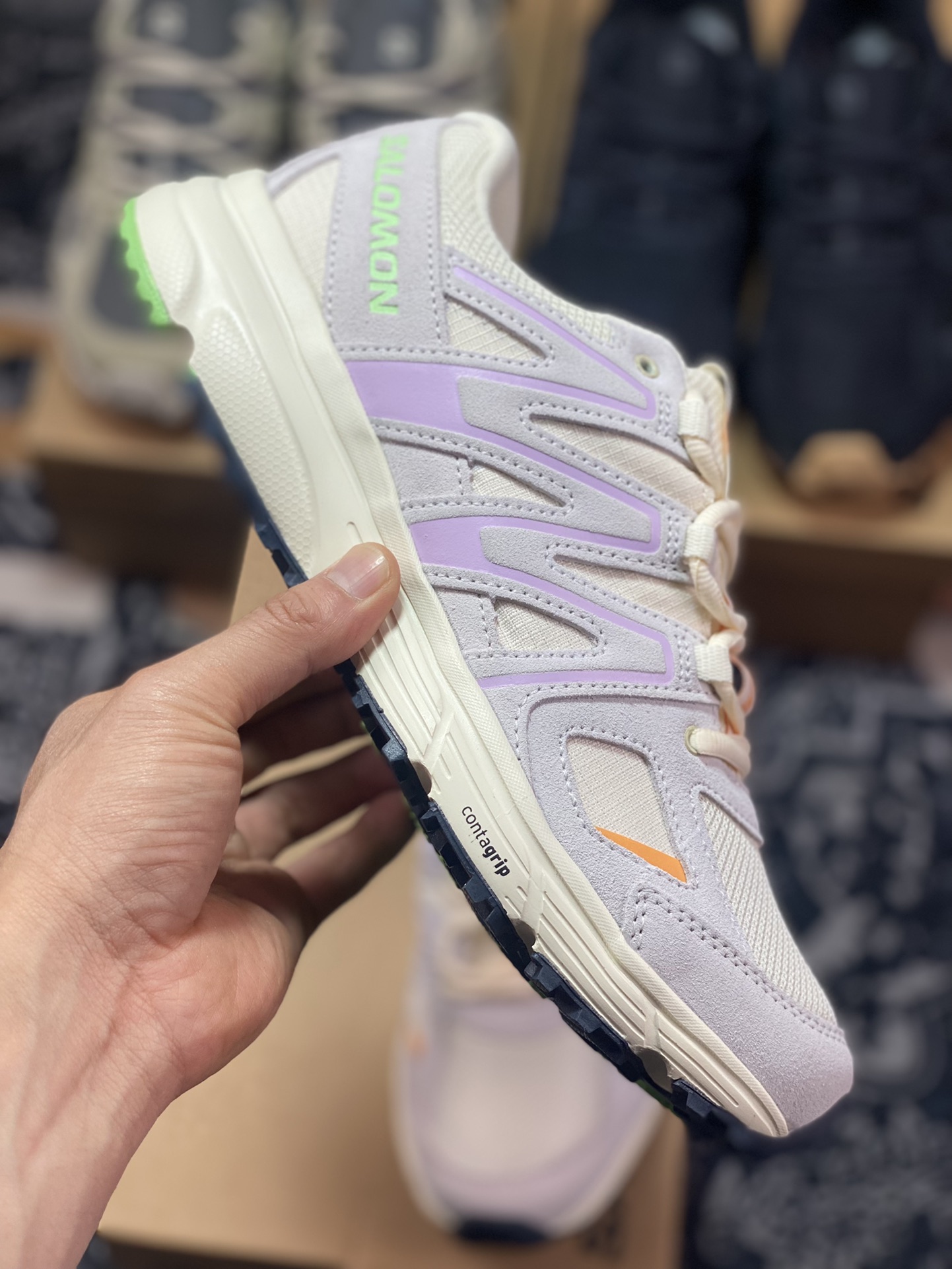 240 萨洛蒙/Salomon X-Mission 4 Suede”Milky White/Purple/Volt”使命4代系列跑步鞋“奶白浅紫橙绿”471384