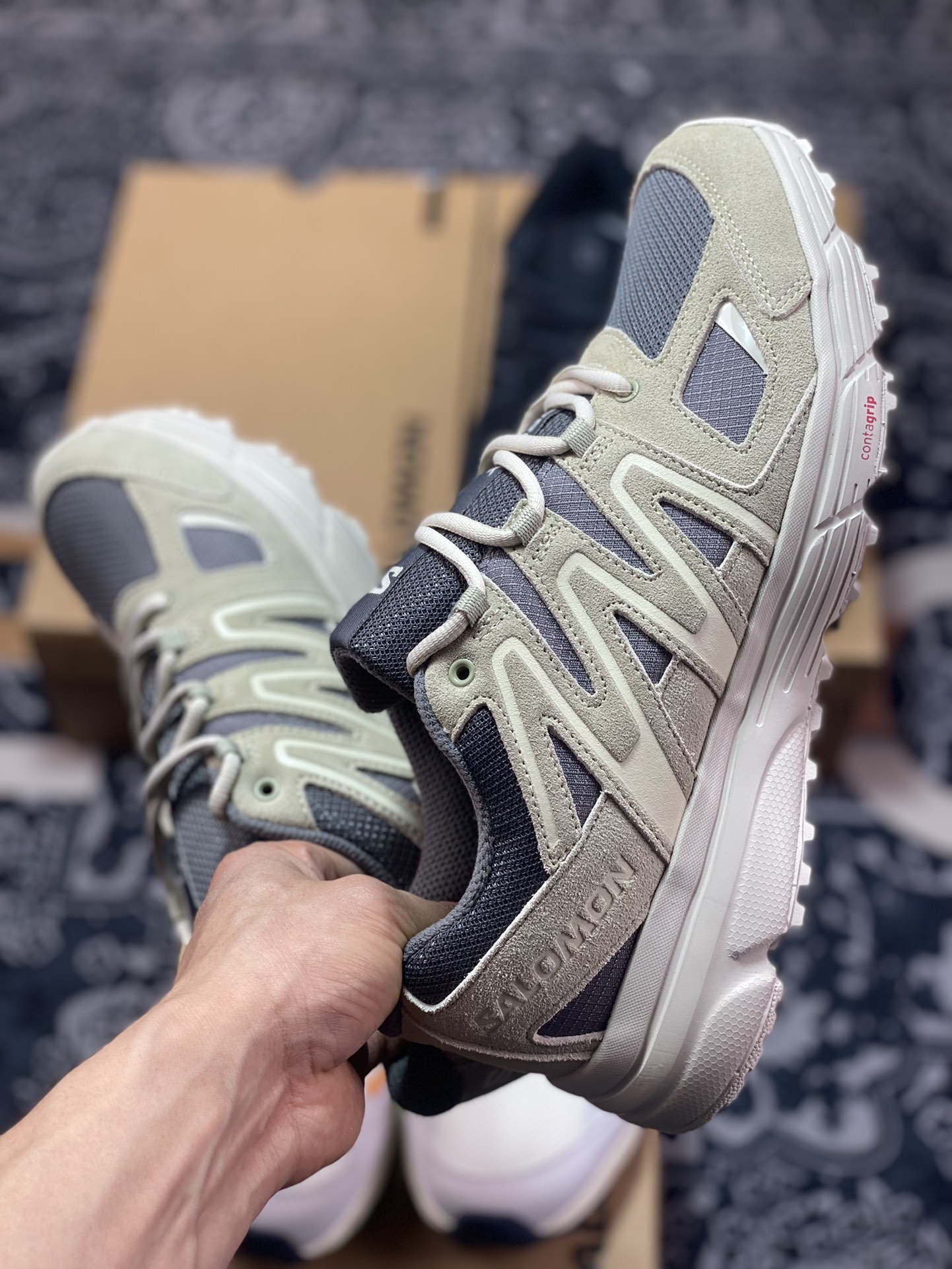 240 萨洛蒙/Salomon X-Mission 4 Suede”Pewter/Moss Gray/Moth”使命4代跑步鞋“杏色灰白”471378