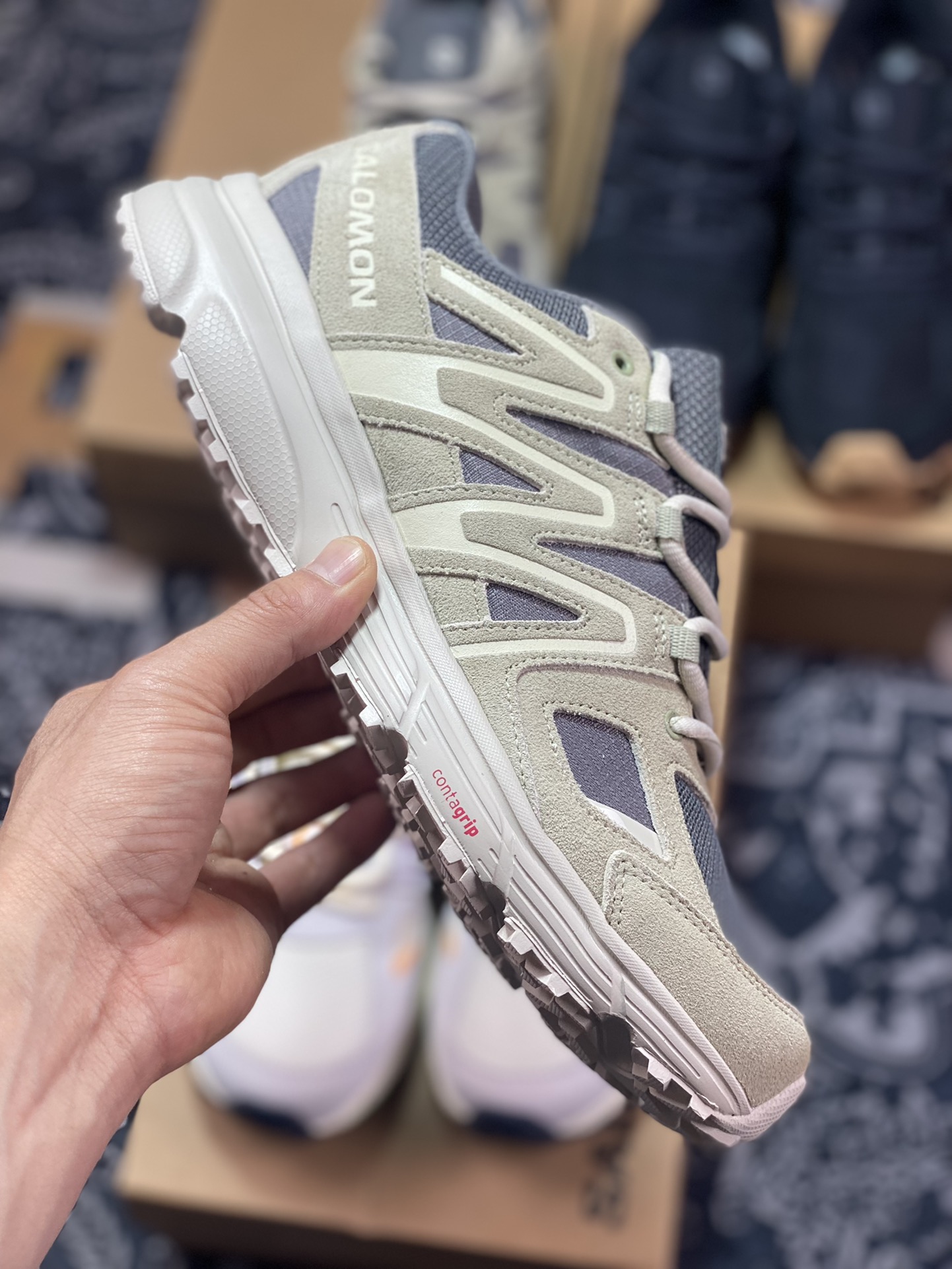 240 萨洛蒙/Salomon X-Mission 4 Suede”Pewter/Moss Gray/Moth”使命4代跑步鞋“杏色灰白”471378