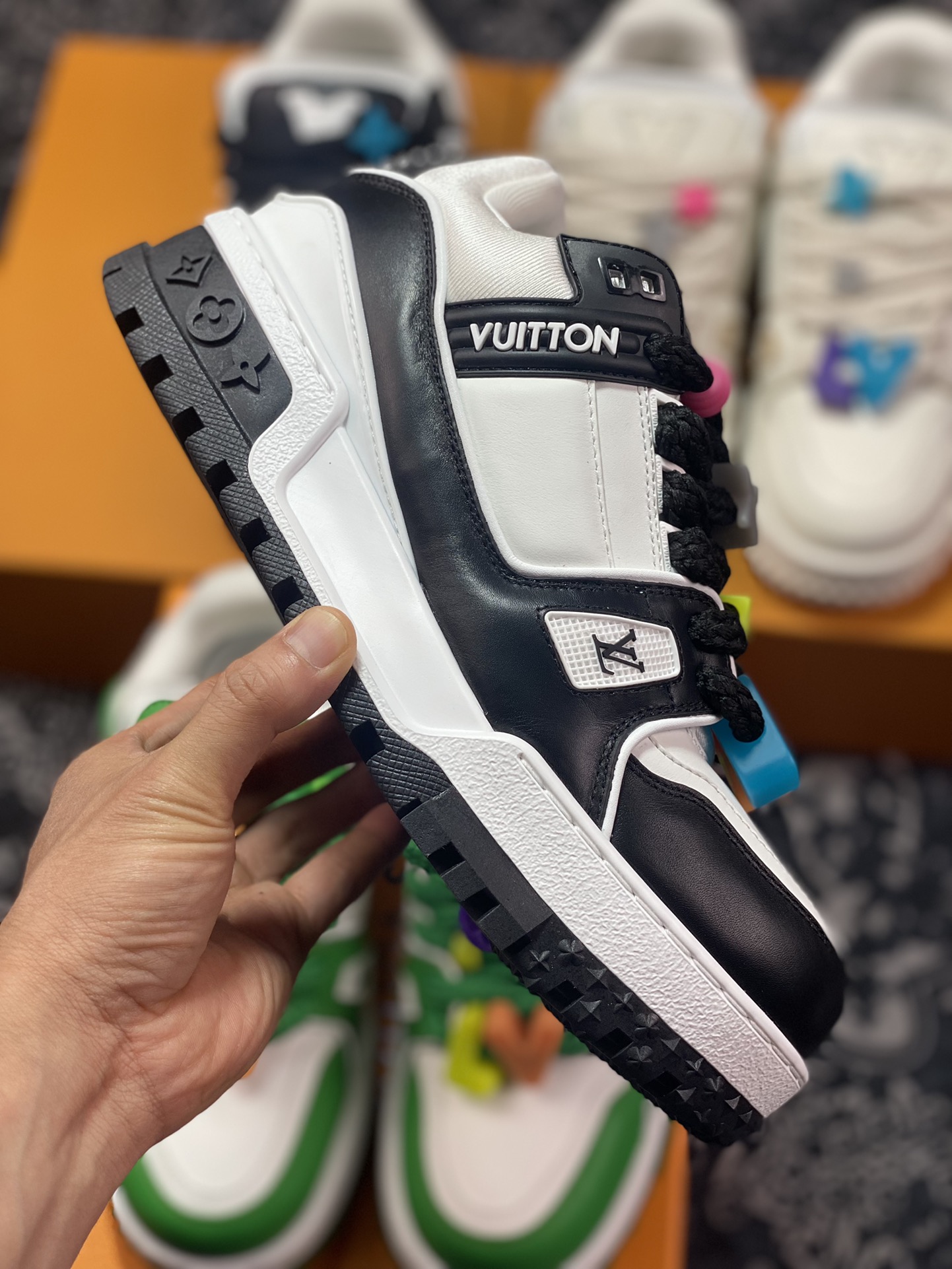 Louis Vuitton Trainer Maxi Low Sneaker basketball sneakers ”Black and white panda colorful shoelaces beads” 1A88BK