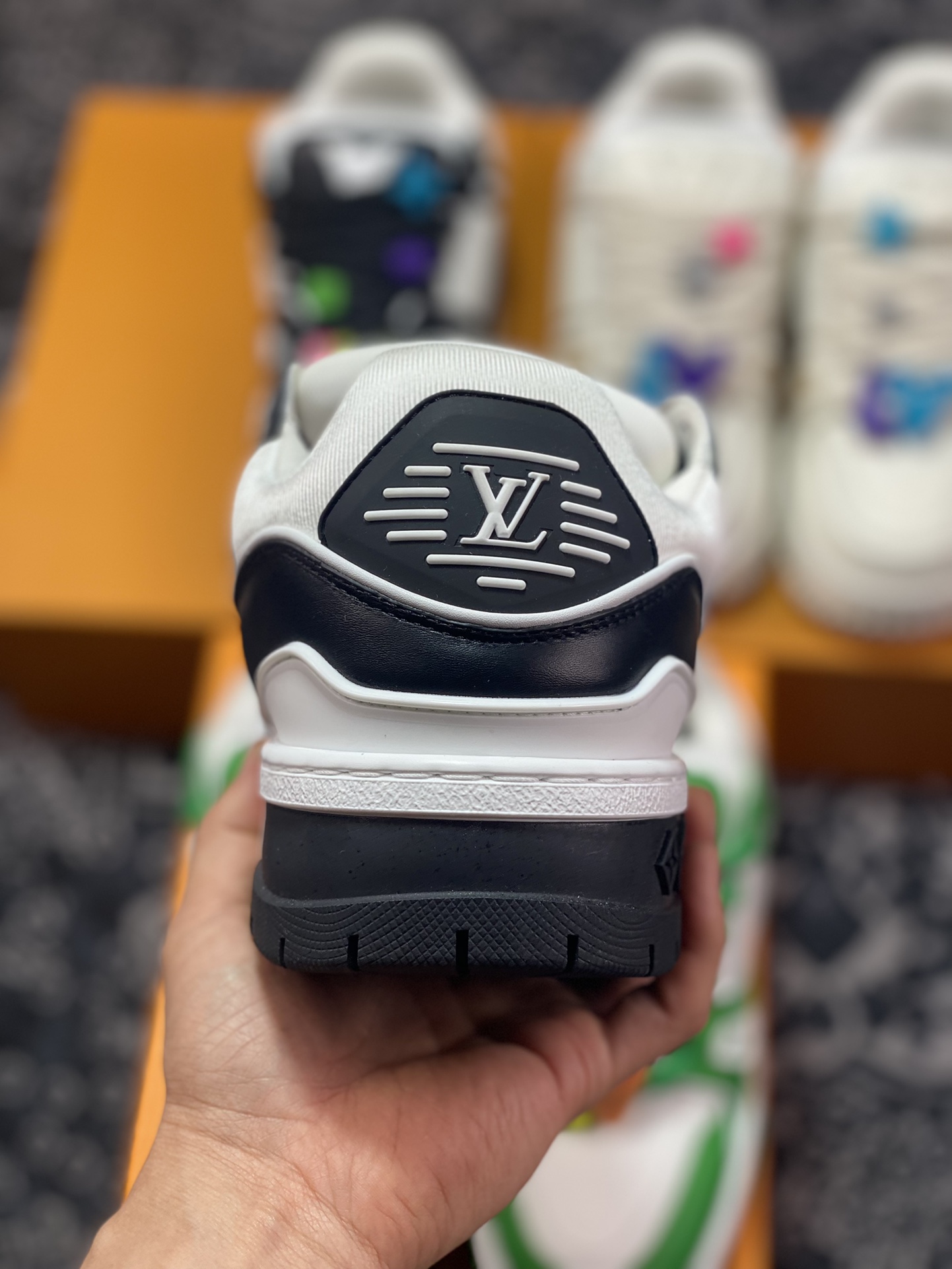 Louis Vuitton Trainer Maxi Low Sneaker basketball sneakers ”Black and white panda colorful shoelaces beads” 1A88BK