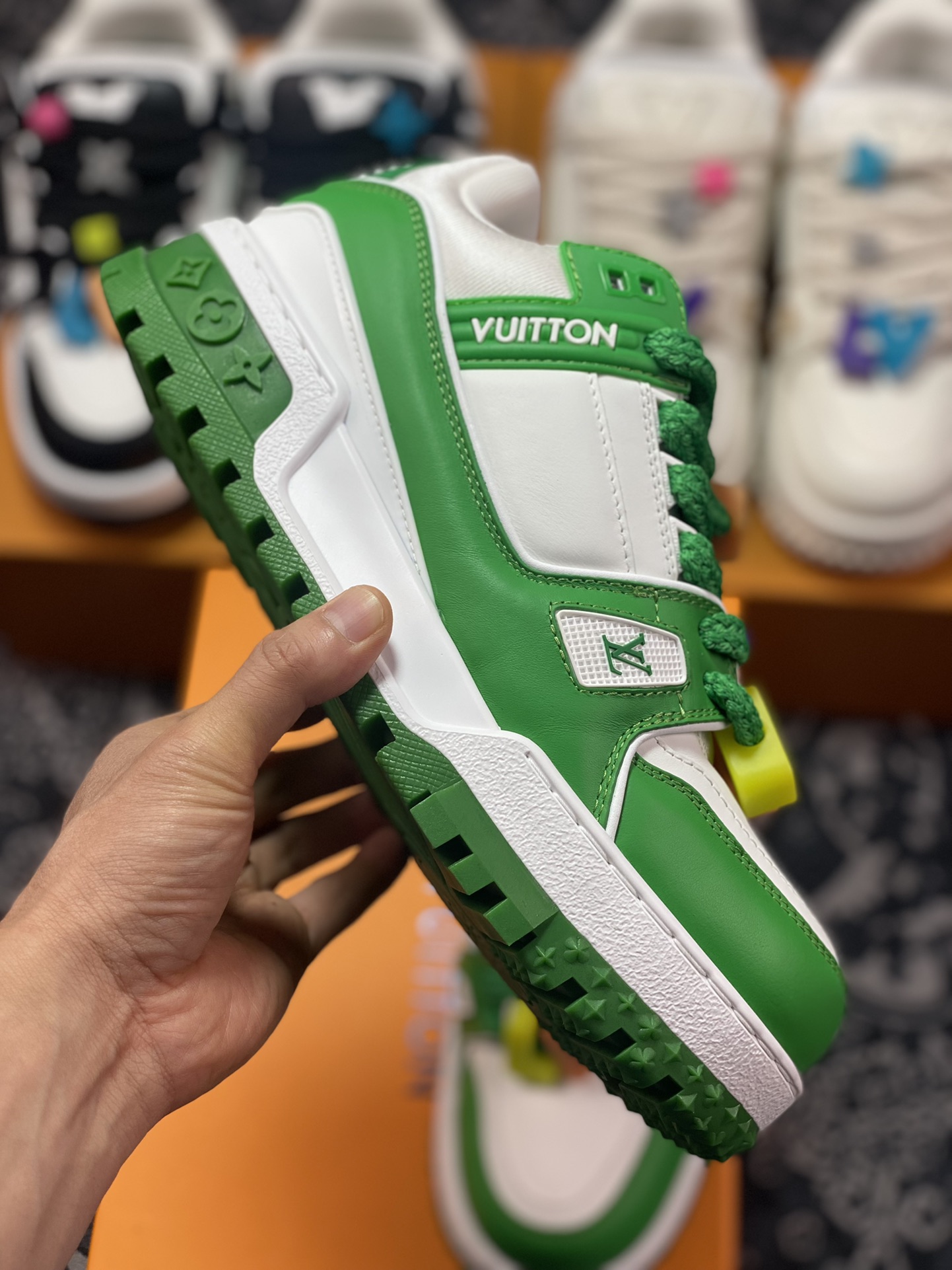 Louis Vuitton Trainer Maxi Low Sneaker basketball sneakers ”Grass Green and White Colorful Shoe Belt Beads” 1AB8SN