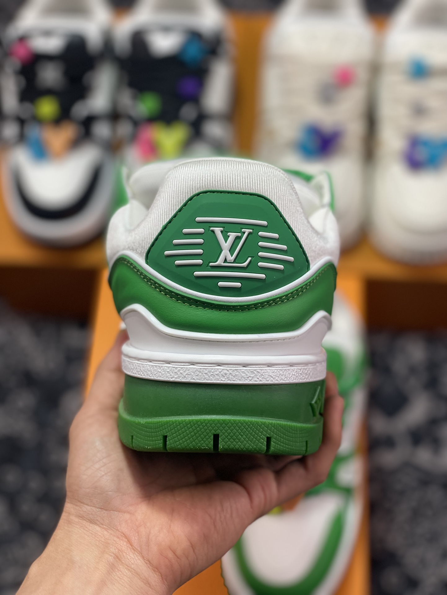 Louis Vuitton Trainer Maxi Low Sneaker basketball sneakers ”Grass Green and White Colorful Shoe Belt Beads” 1AB8SN