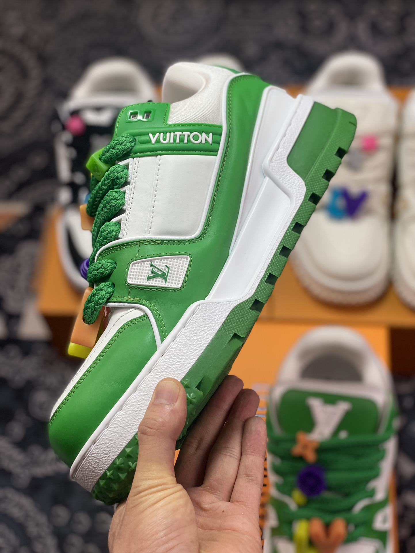 Louis Vuitton Trainer Maxi Low Sneaker basketball sneakers ”Grass Green and White Colorful Shoe Belt Beads” 1AB8SN