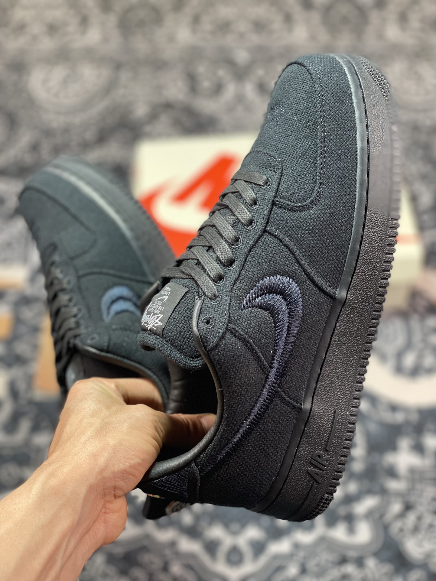 260 Stussy斯图西 x Nike Air Force 1 '07 Low”Black Cool”空军低帮板鞋“黑麻布电绣钩子”CZ9084-001