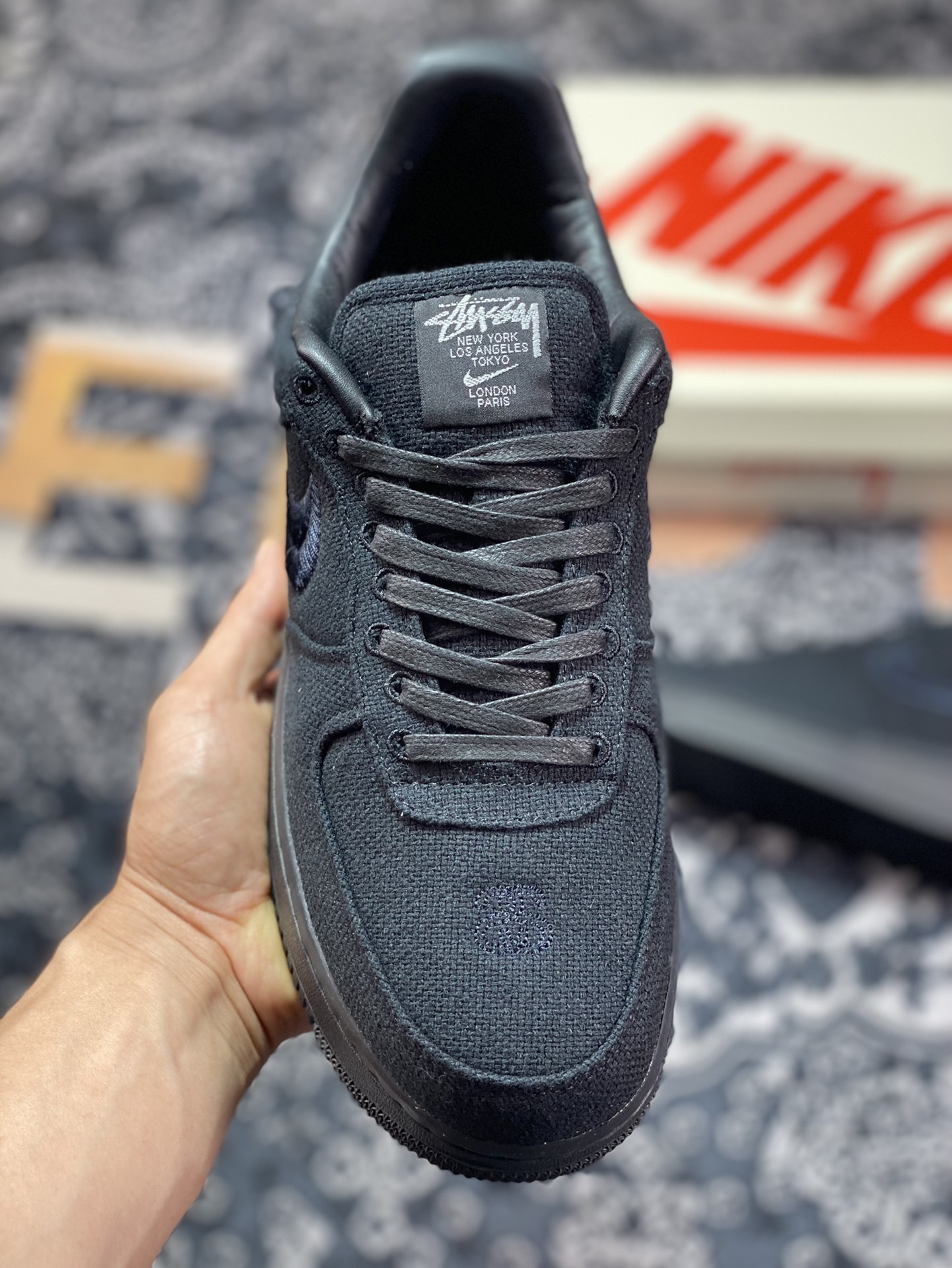 260 Stussy斯图西 x Nike Air Force 1 '07 Low”Black Cool”空军低帮板鞋“黑麻布电绣钩子”CZ9084-001